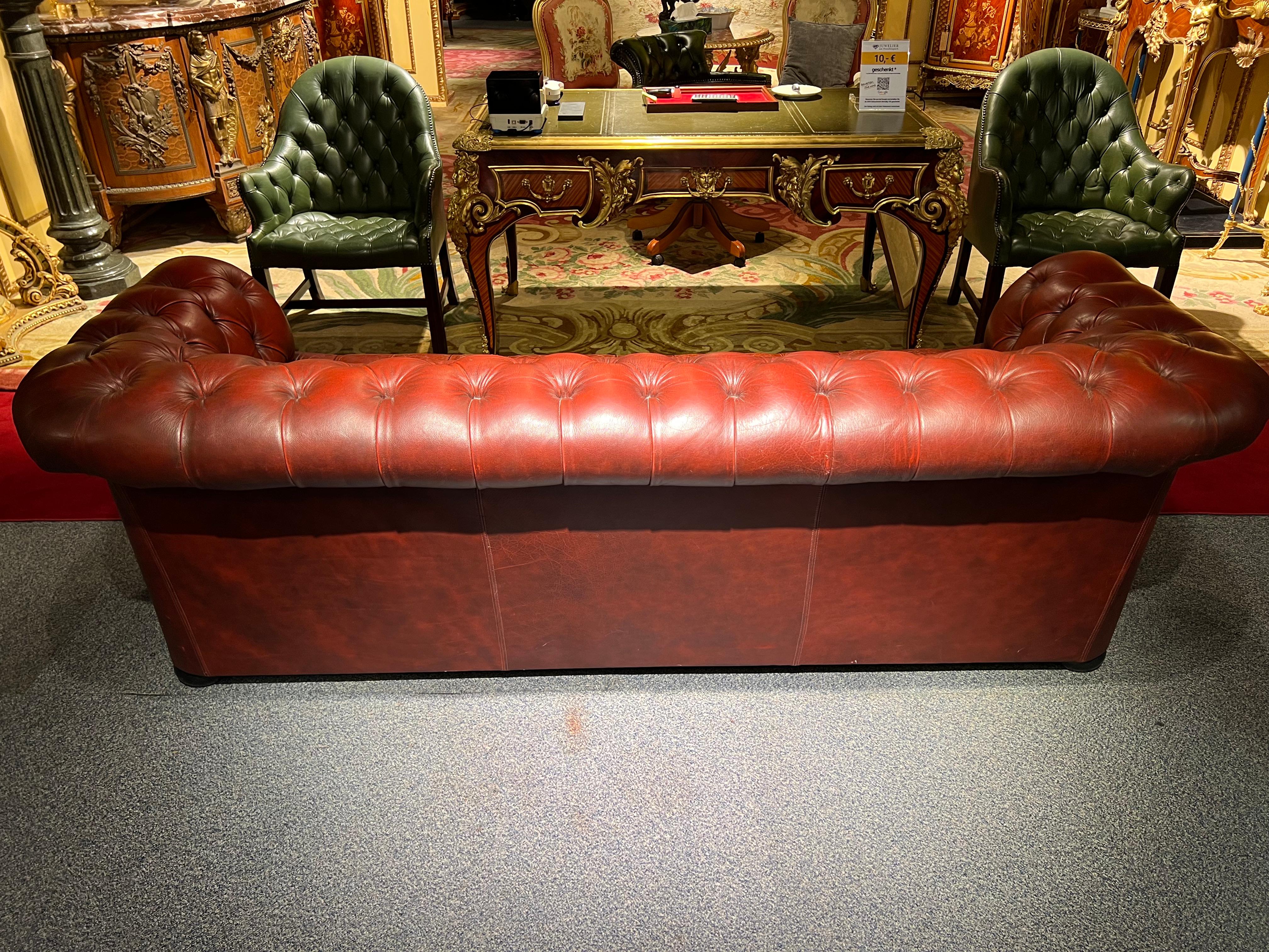 Stunning Vintage English Red Leather Chesterfield 3 Seater Sofa For Sale 6