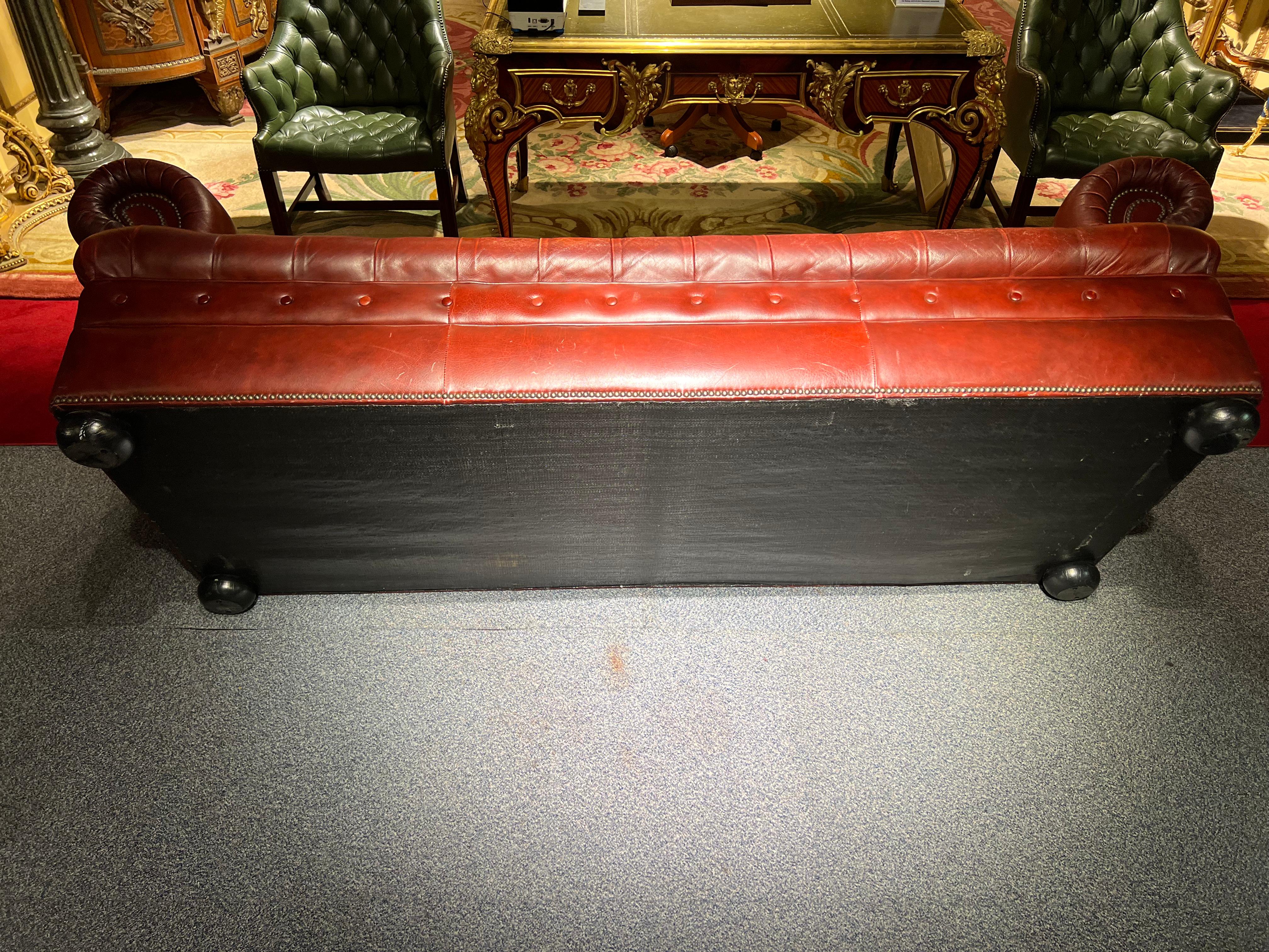 Stunning Vintage English Red Leather Chesterfield 3 Seater Sofa For Sale 7