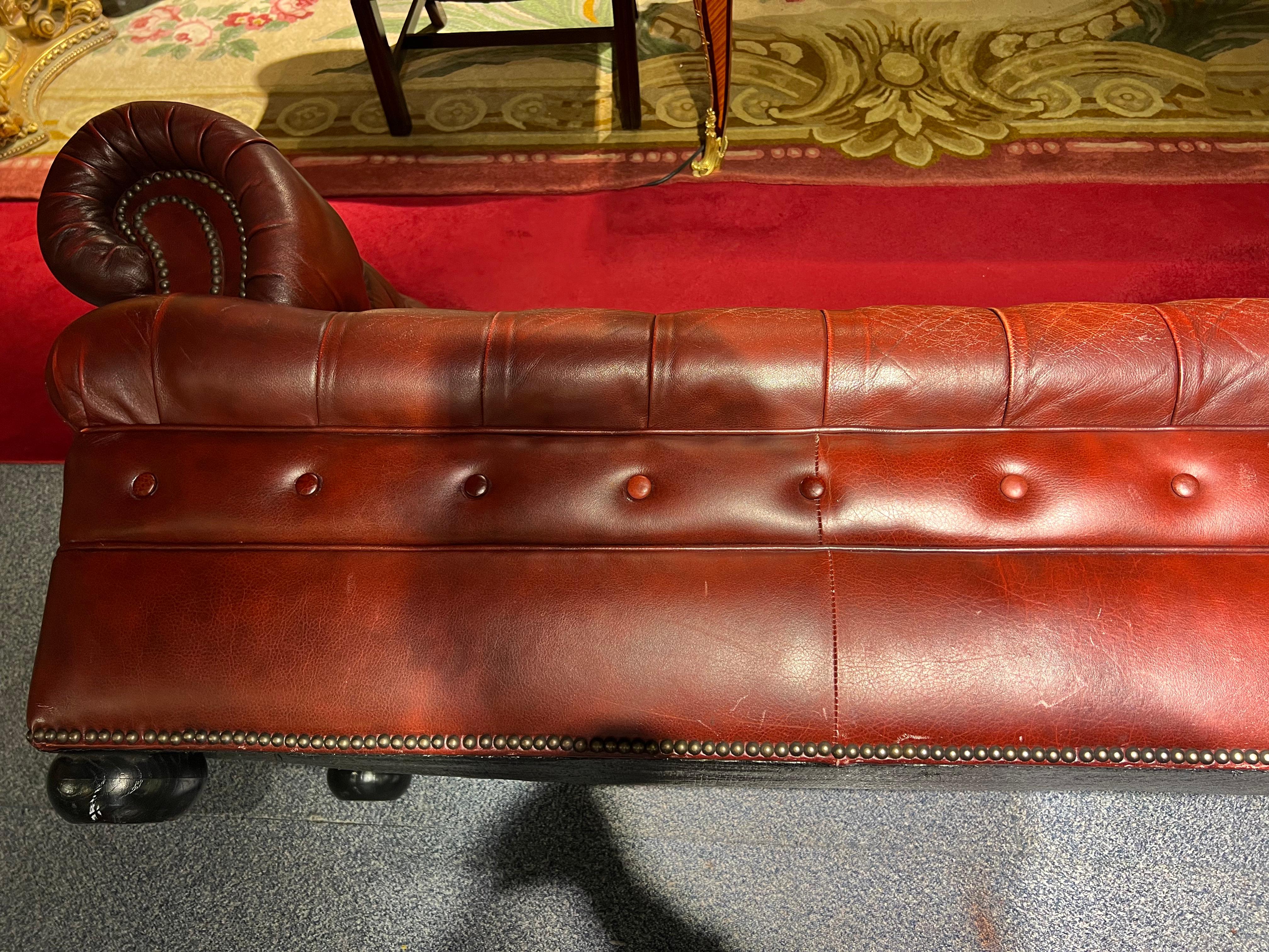 Stunning Vintage English Red Leather Chesterfield 3 Seater Sofa For Sale 8