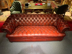 Stunning Vintage English Red Leather Chesterfield 3 Seater Sofa