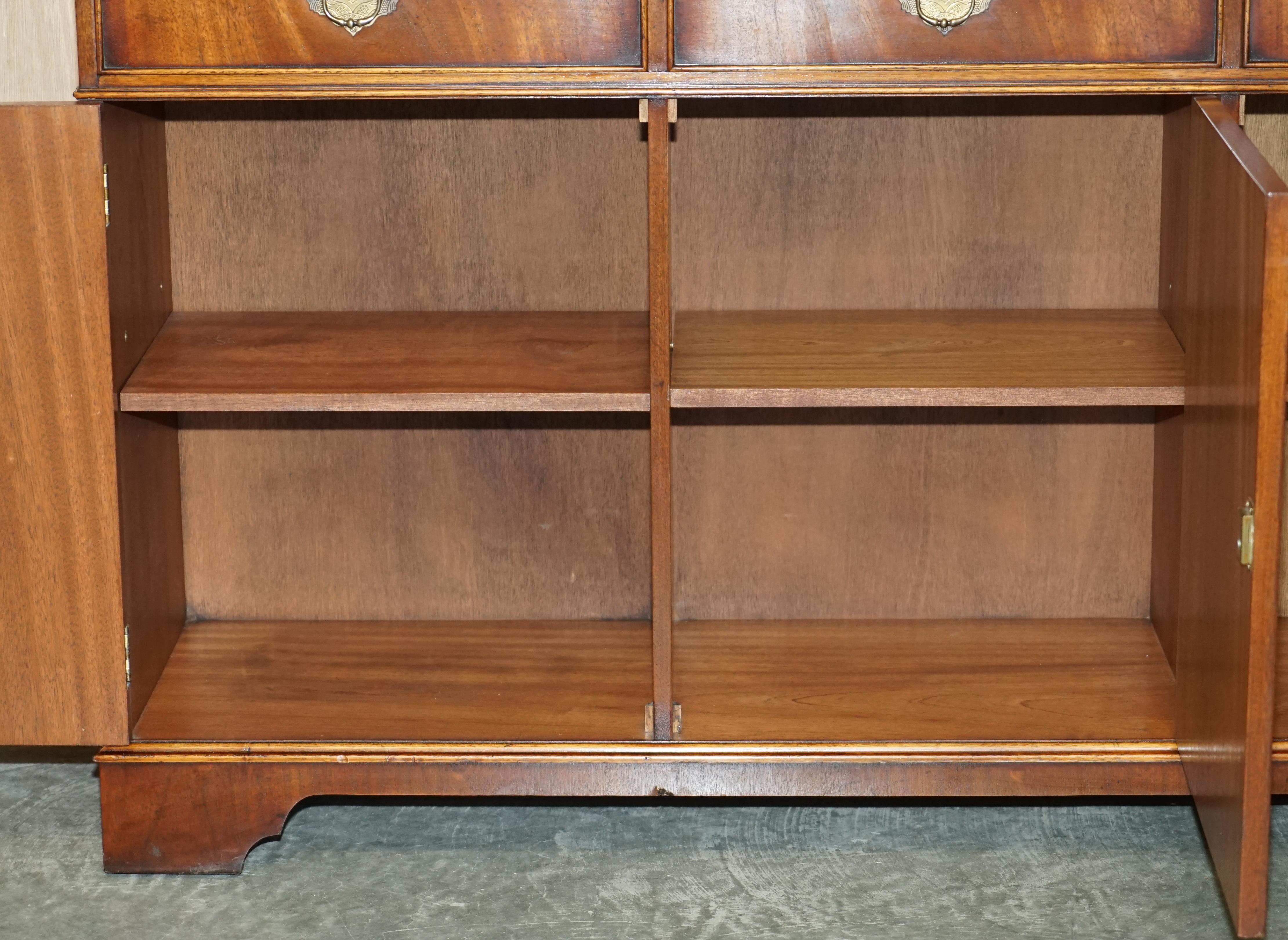 Stunning Vintage Flamed Hardwood Sideboard Bookcase with Three Large Drawers For Sale 11