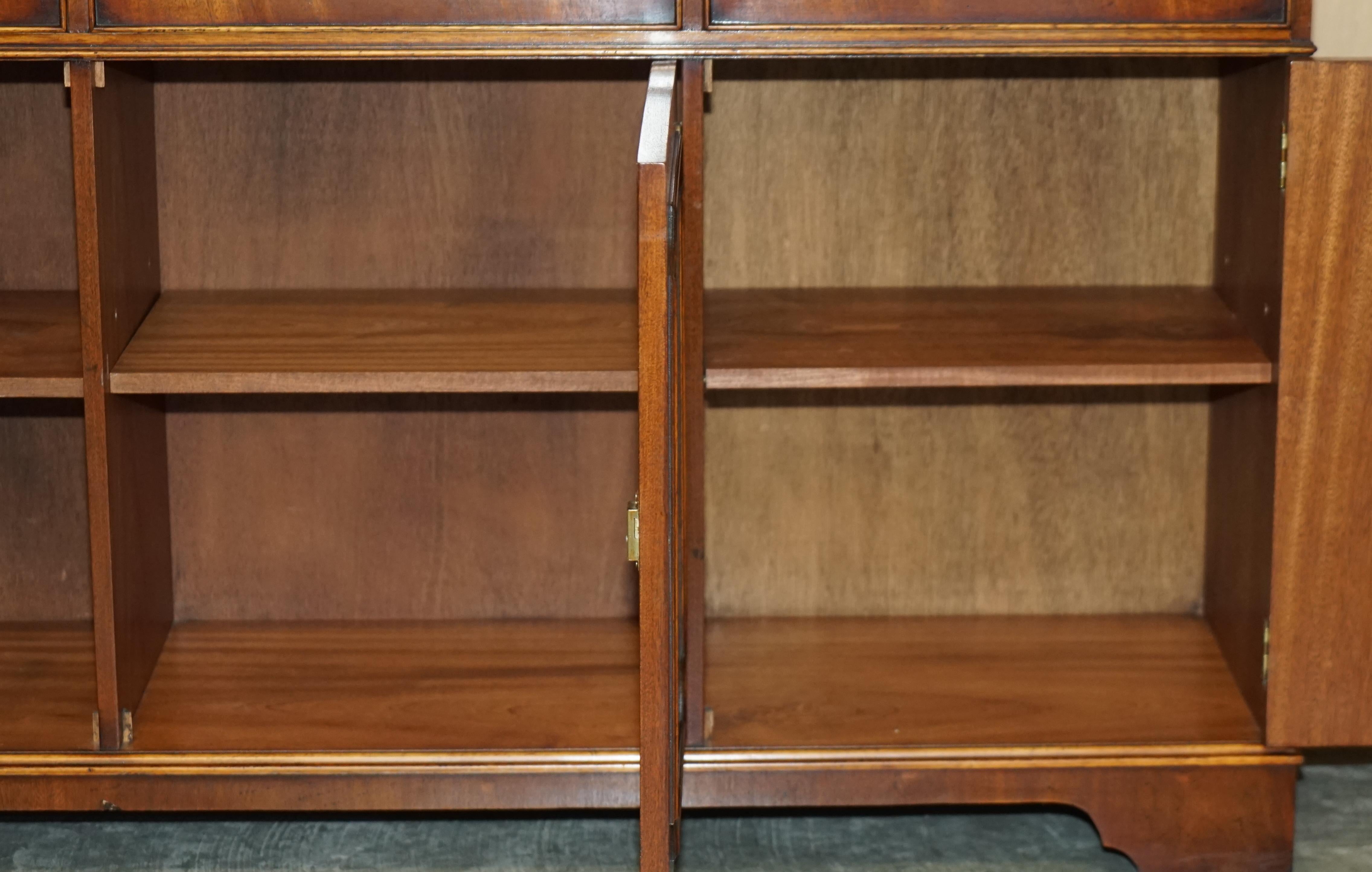Stunning Vintage Flamed Hardwood Sideboard Bookcase with Three Large Drawers For Sale 12