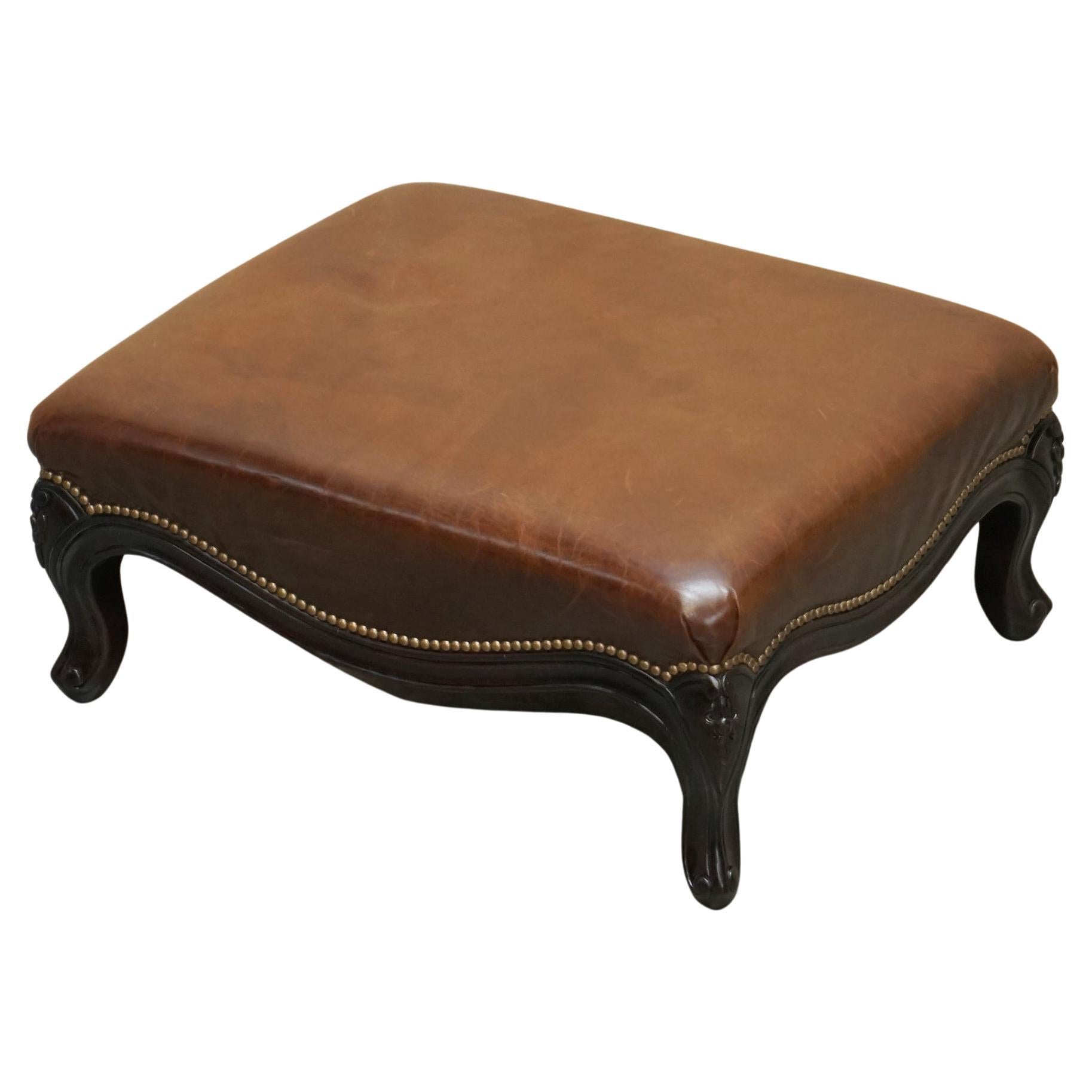 STUNNiNG VINTAGE FRENCH STYLE RALPH LAUREN BROWN LEATHER FOOTSTOOL OTTOMAN