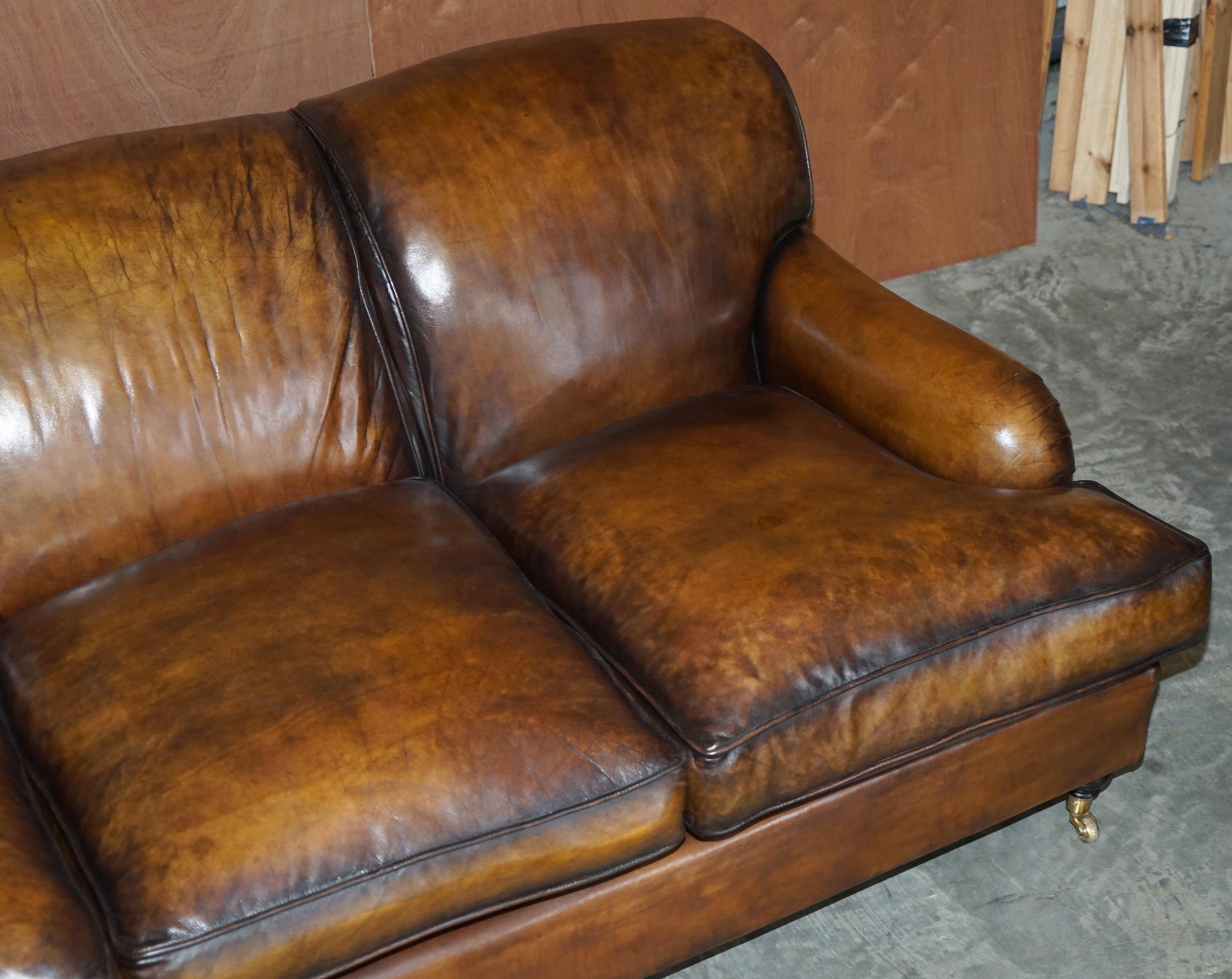 Victorian Stunning Vintage Fully Restored Hand Dyed Brown Leather Howards & Son Style Sofa For Sale