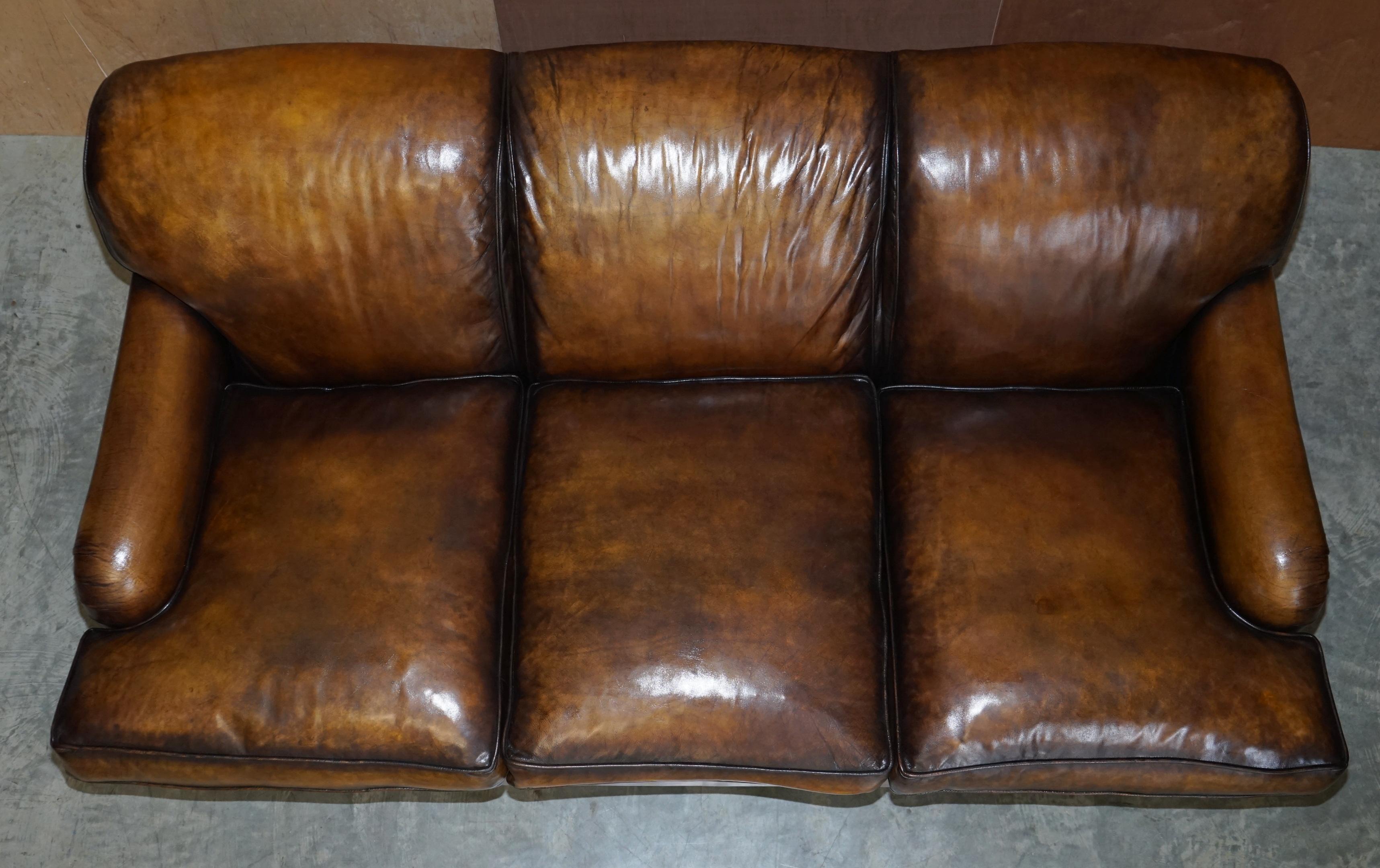 English Stunning Vintage Fully Restored Hand Dyed Brown Leather Howards & Son Style Sofa For Sale