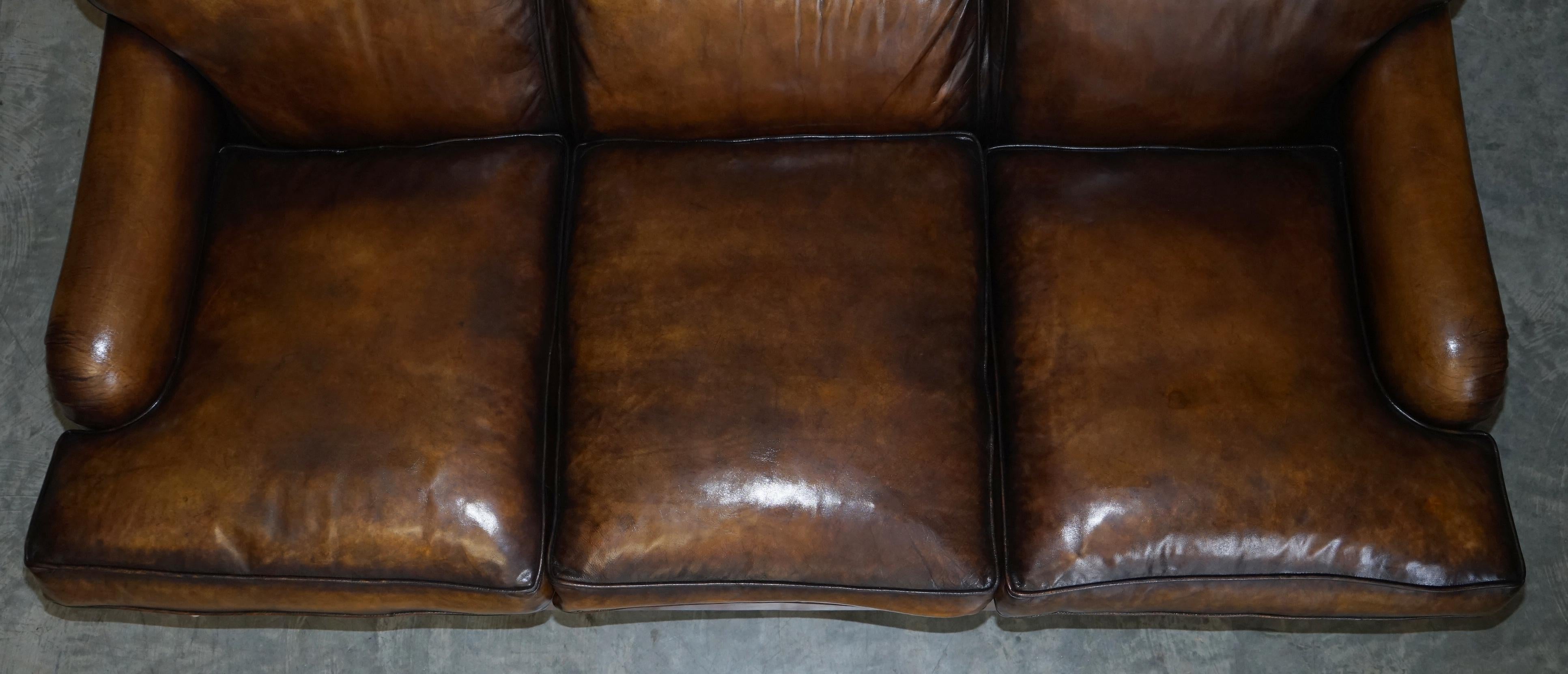 Hand-Crafted Stunning Vintage Fully Restored Hand Dyed Brown Leather Howards & Son Style Sofa For Sale