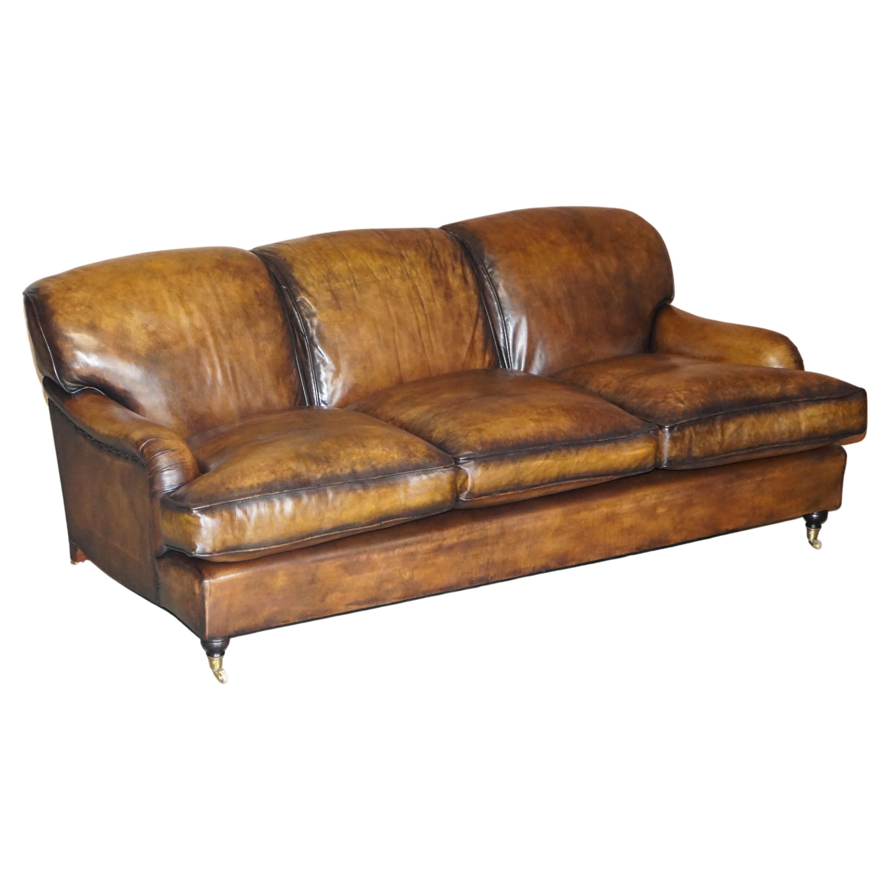 Stunning Vintage Fully Restored Hand Dyed Brown Leather Howards & Son Style Sofa For Sale
