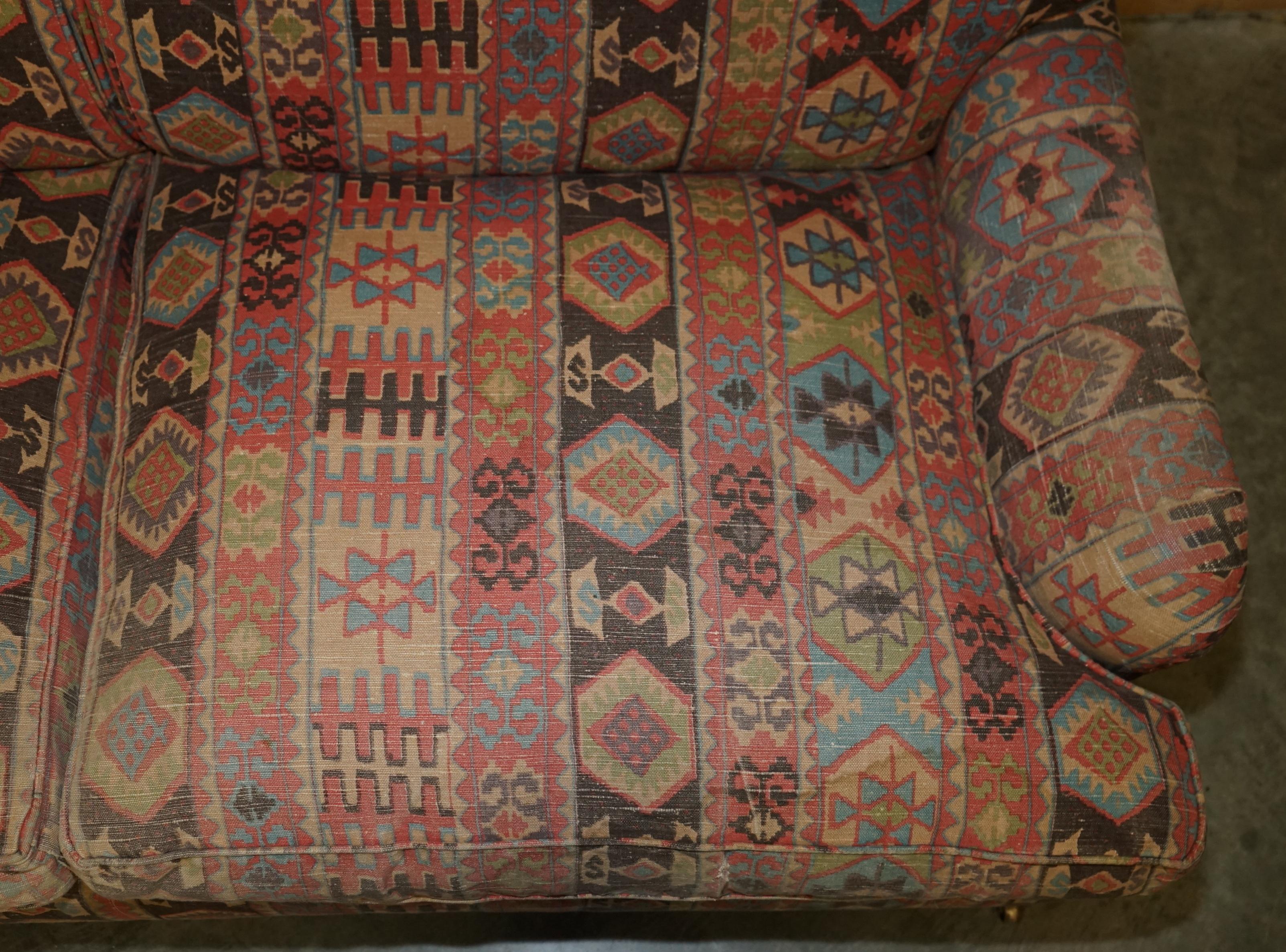 English STUNNING ViNTAGE GEORGE SMITH MADE FOR LIBERTY'S LONDON KILIM THREE SEAT SOFA For Sale