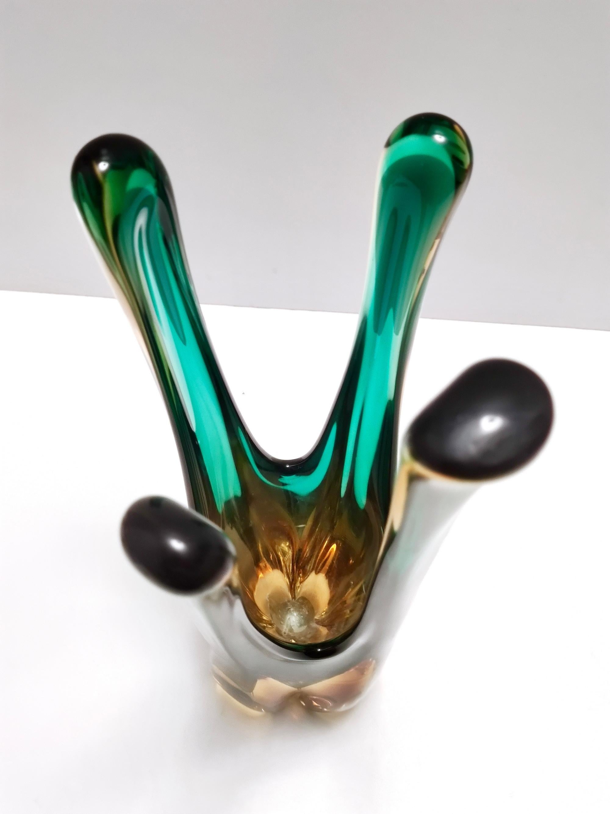 Stunning Vintage Green and Amber Murano Glass Centrepiece Vase, Italy For Sale 3