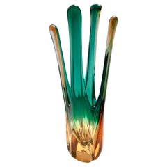 Superbe vase de centre de table vintage en verre de Murano vert et ambre, Italie
