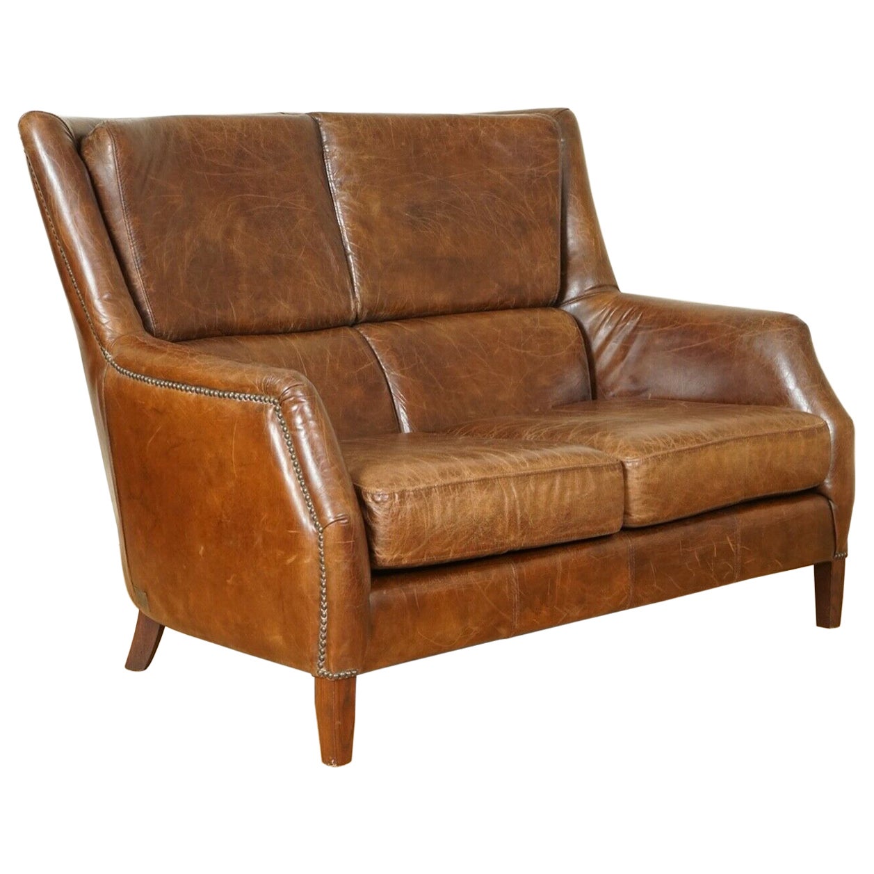 Stunning Vintage Halo Distressed Brown Leather Two Seater Sofa
