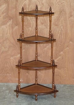 Atemberaubendes Eck Bücherregal aus Hartholz und braunem Leder im Vintage-Stil, Whatnot Display