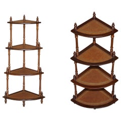 Stunning Vintage Hardwood & Brown Leather Corner Whatnot Display Bookcase