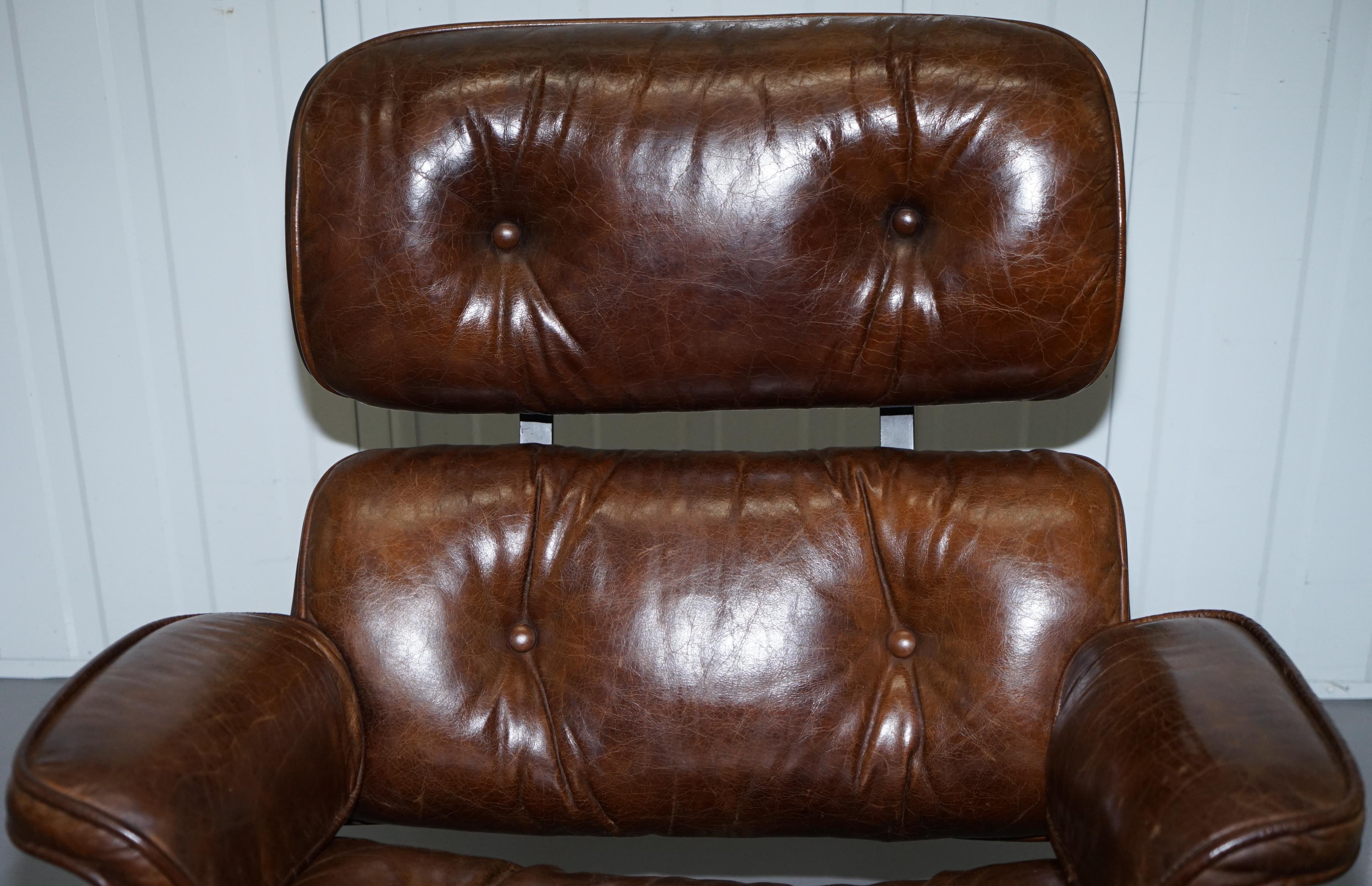 English Stunning Vintage Heritage Brown Leather Lounge Armchair and Matching Ottoman