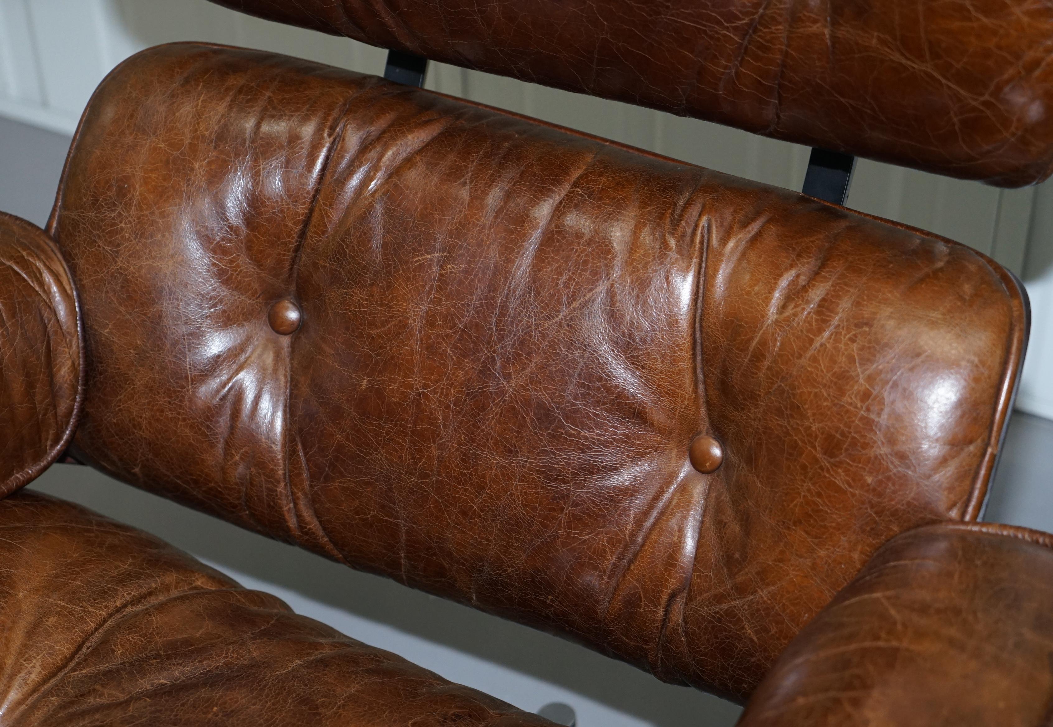 Hand-Crafted Stunning Vintage Heritage Brown Leather Lounge Armchair and Matching Ottoman