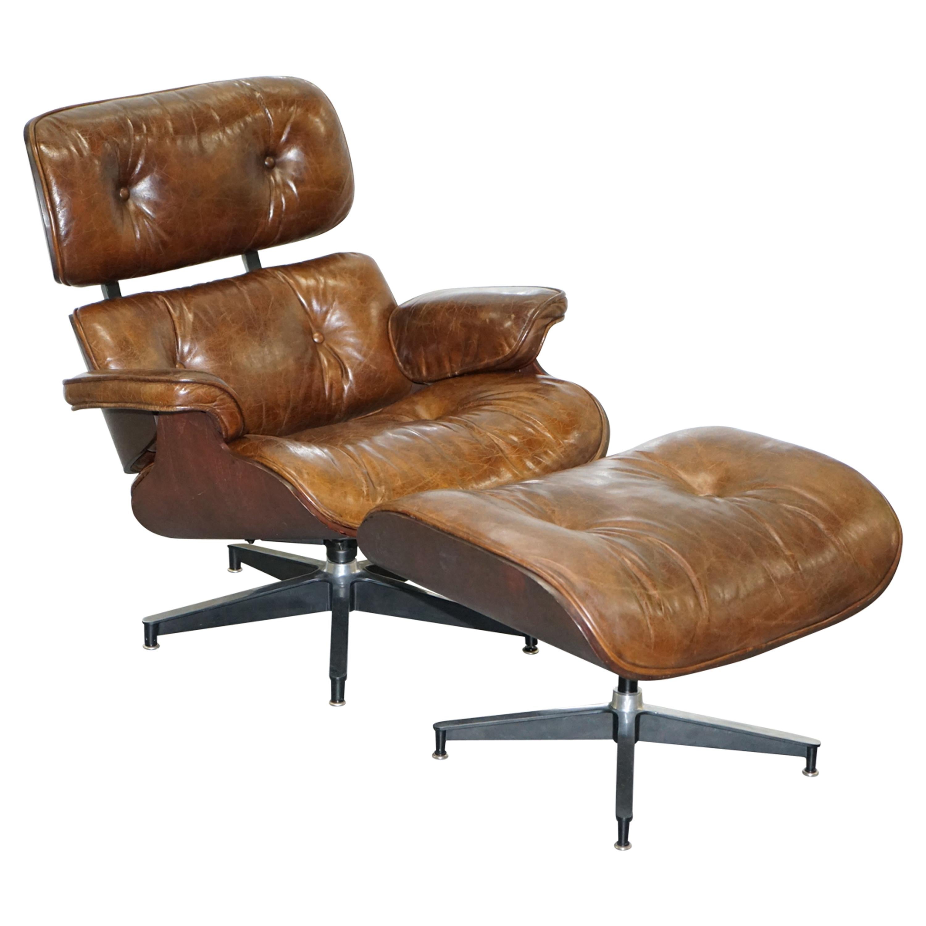Stunning Vintage Heritage Brown Leather Lounge Armchair and Matching Ottoman