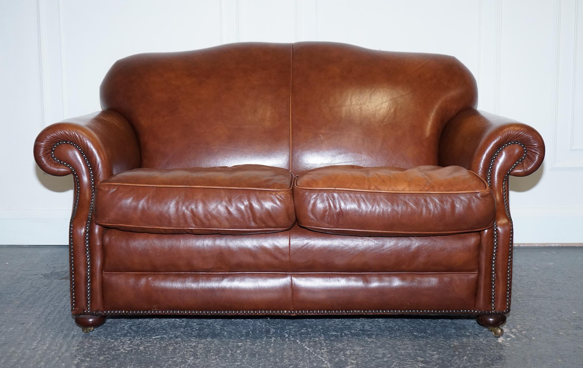 British Stunning Vintage Laura Ashley Brown Leather Hump Back 2 Seater Sofa
