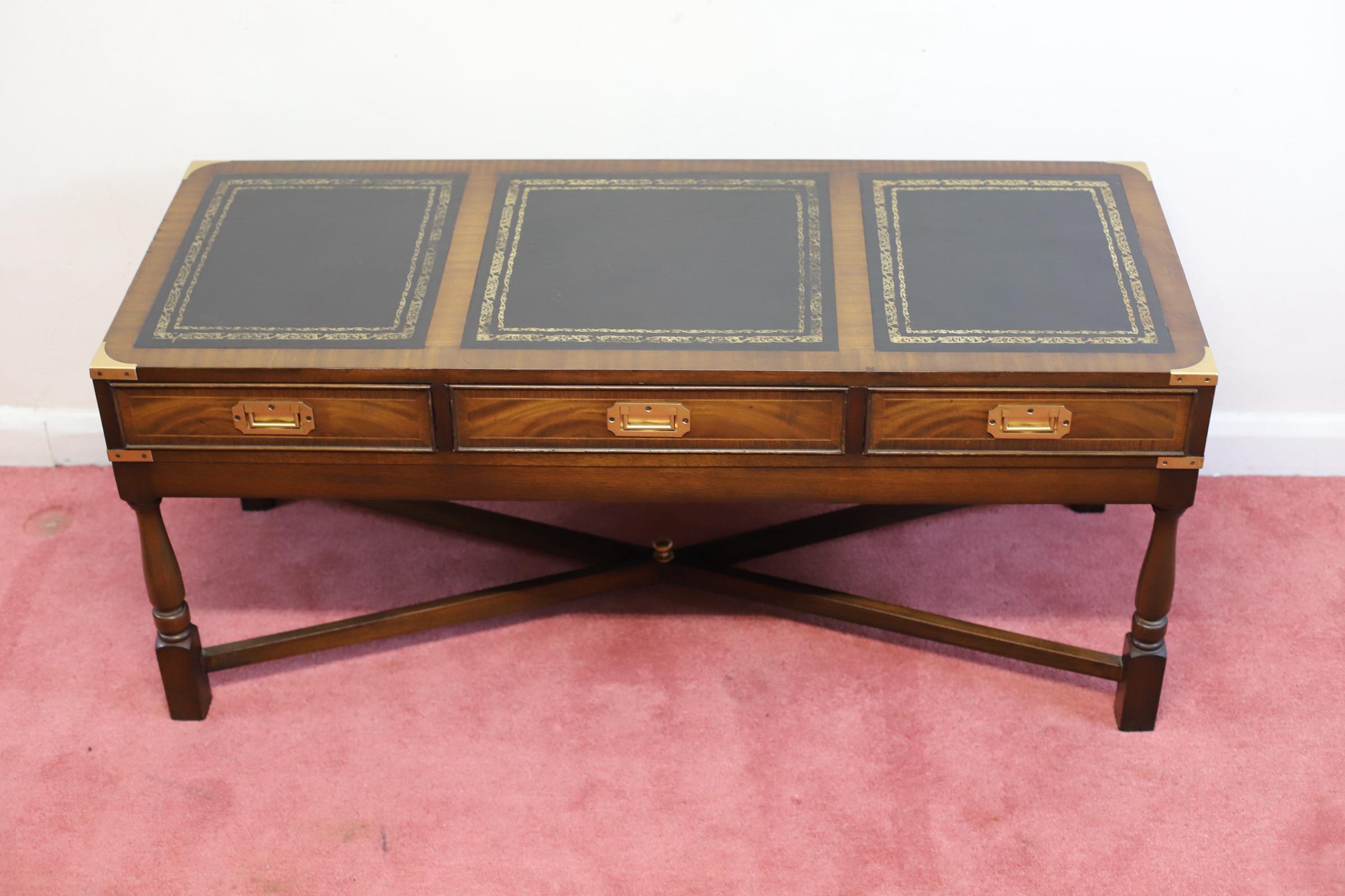 British Stunning Vintage Mahogany& Brass Military Campaign Coffee Table  For Sale