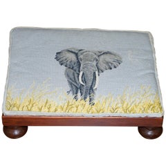 Stunning Antique Mahogany Large Footstool with Embroidered Elephant Upholstery