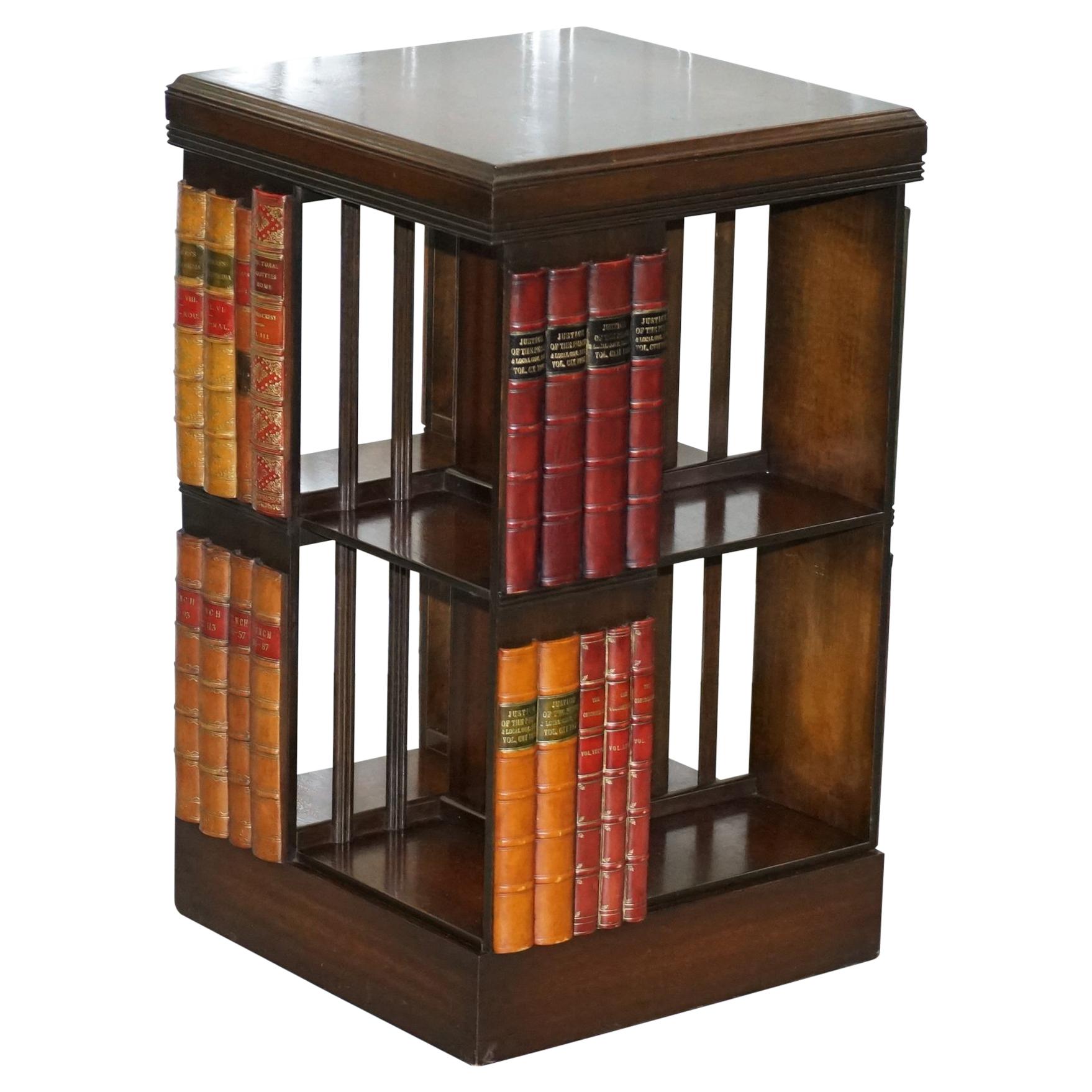 Stunning Vintage Mahogany Revolving Swivel Bookcase on Wheels with Faux Books