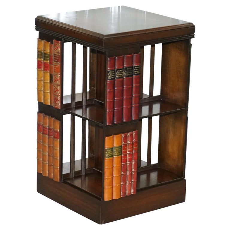 Stunning Vintage Mahogany Revolving Swivel Bookcase on Wheels with Faux Books at 1stDibs