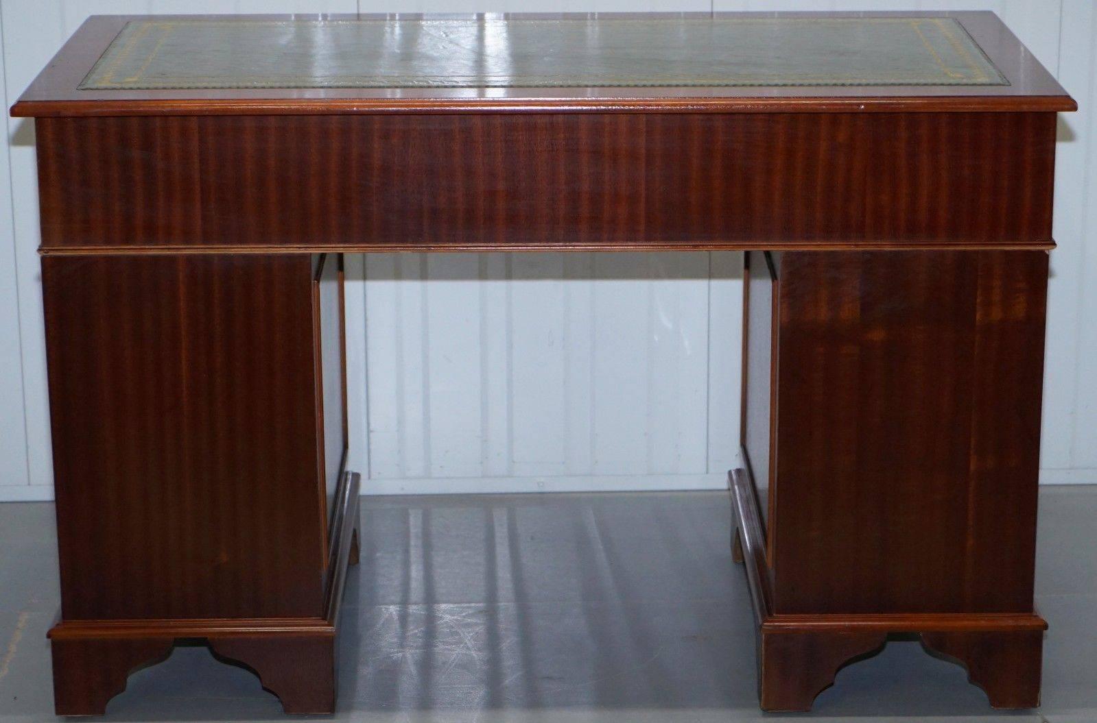 Regency Stunning Vintage Mahogany Twin Pedestal Partner Desk with Green Leather Top