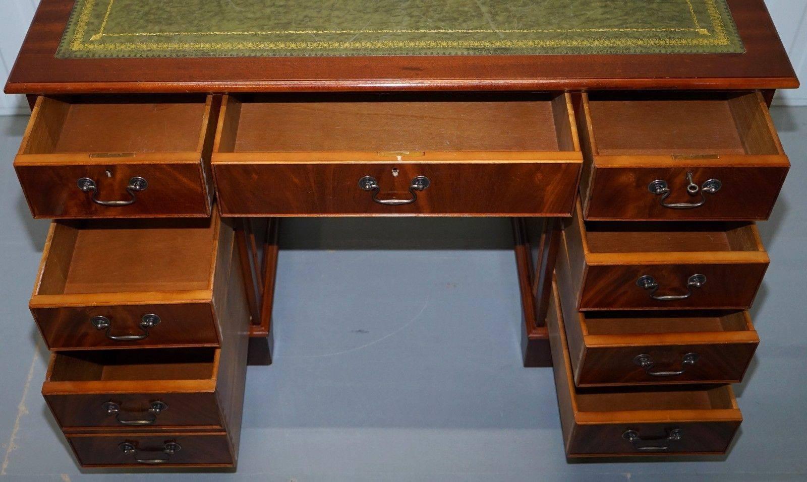 Hand-Crafted Stunning Vintage Mahogany Twin Pedestal Partner Desk with Green Leather Top