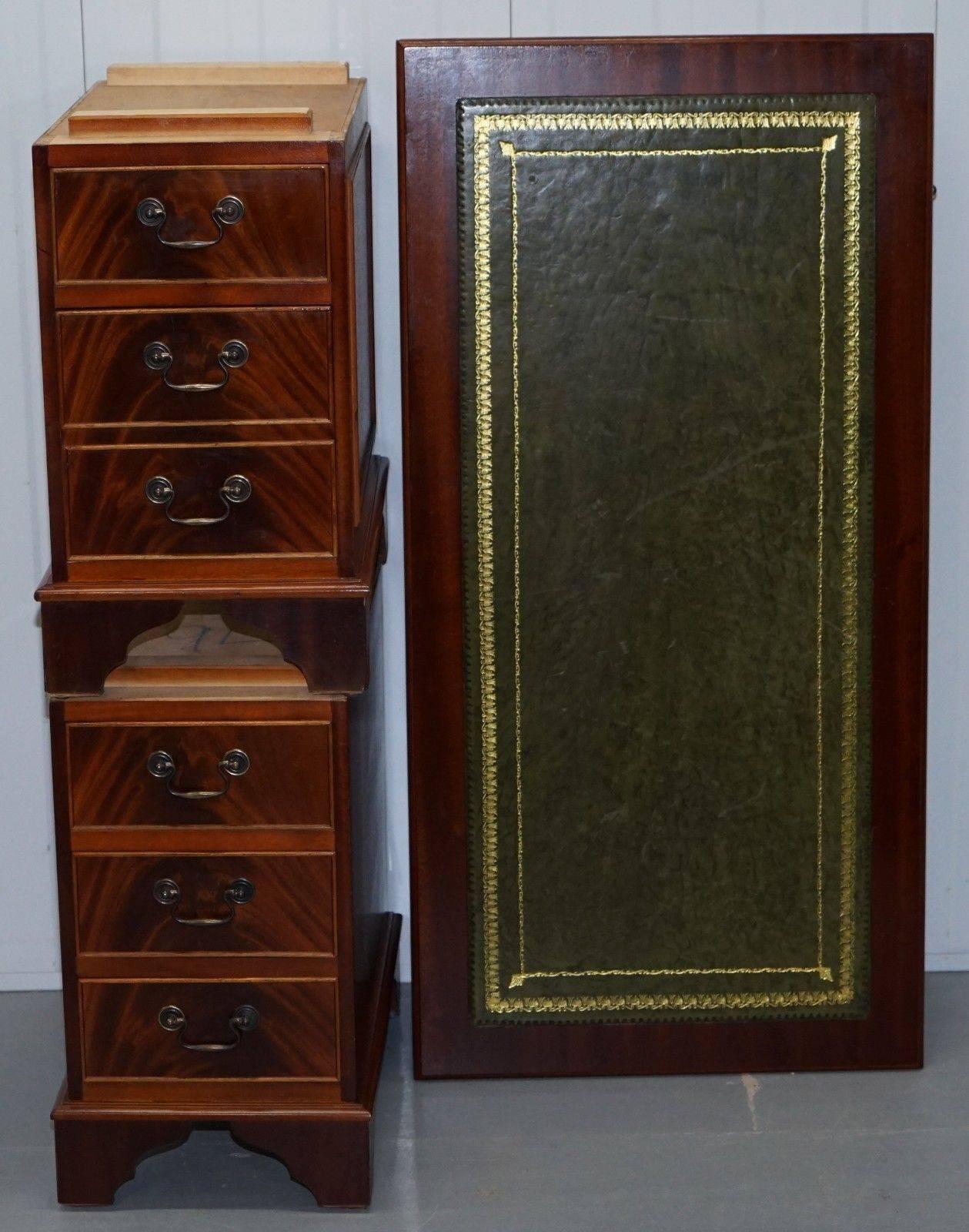 Stunning Vintage Mahogany Twin Pedestal Partner Desk with Green Leather Top 2