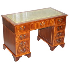 Stunning Vintage Mahogany Twin Pedestal Partner Desk with Green Leather Top