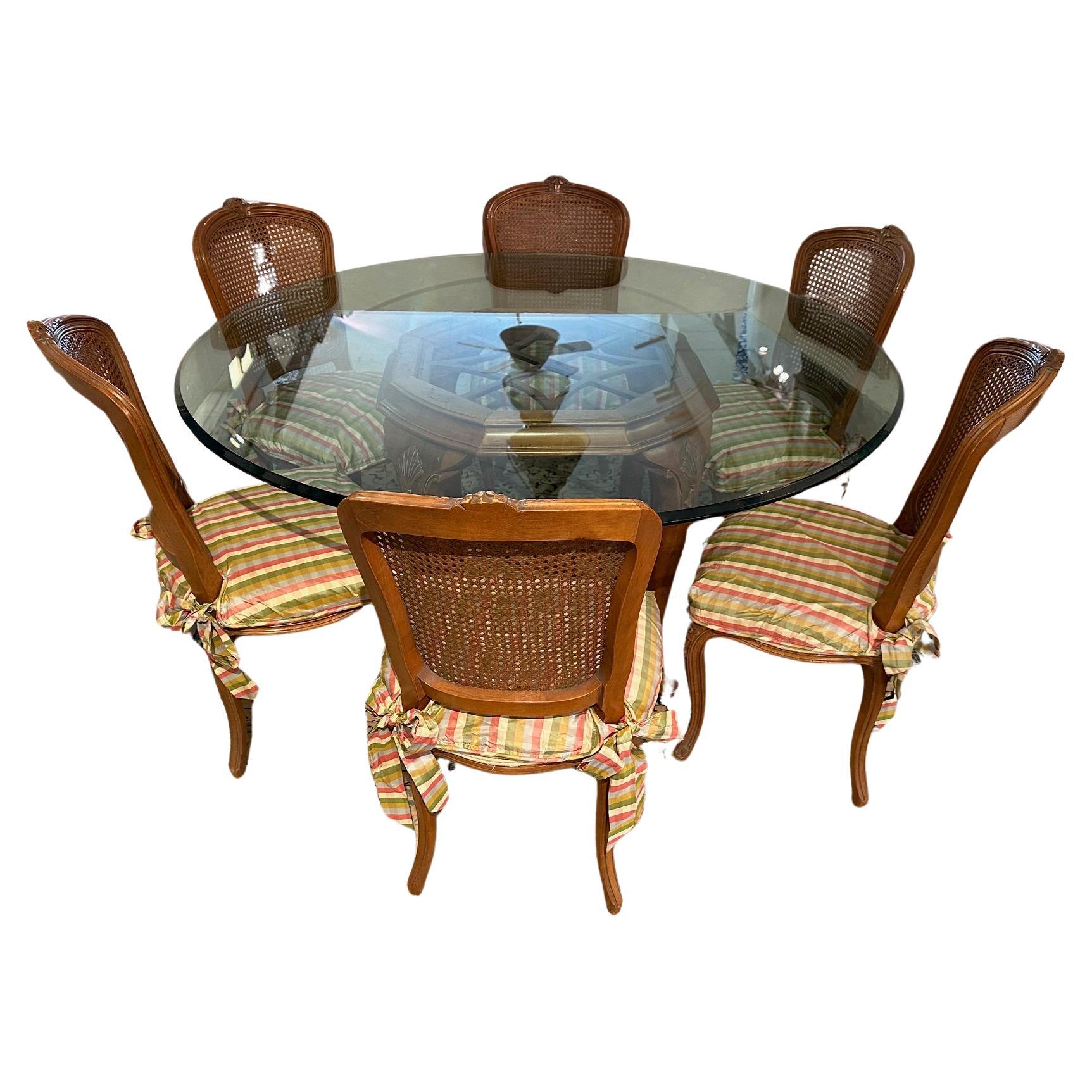Stunning Vintage Maple & Glass Top French Style Round Dining Table and 8 Chairs For Sale