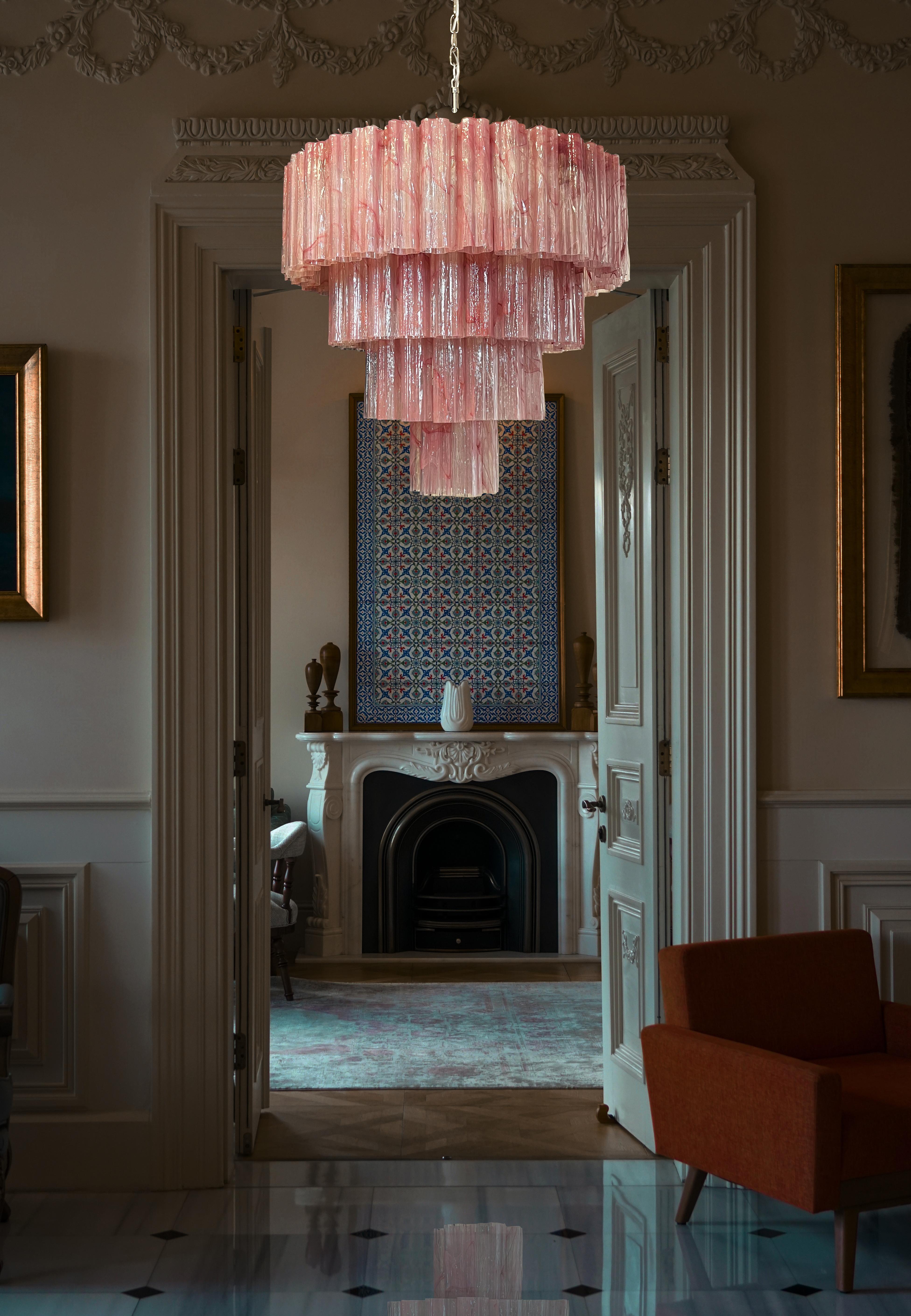 Italian Stunning Vintage Murano Glass Tiered Chandelier, 78 Alabaster Pink Glasses For Sale