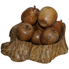 Stunning Vintage Natural Burr Elm & Walnut Fruit Bowl & Apples & Pears Fruit Bowl