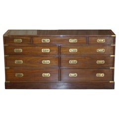 Stunning Vintage Oak & Leather Military Campaign Sideboard Bank of Drawers