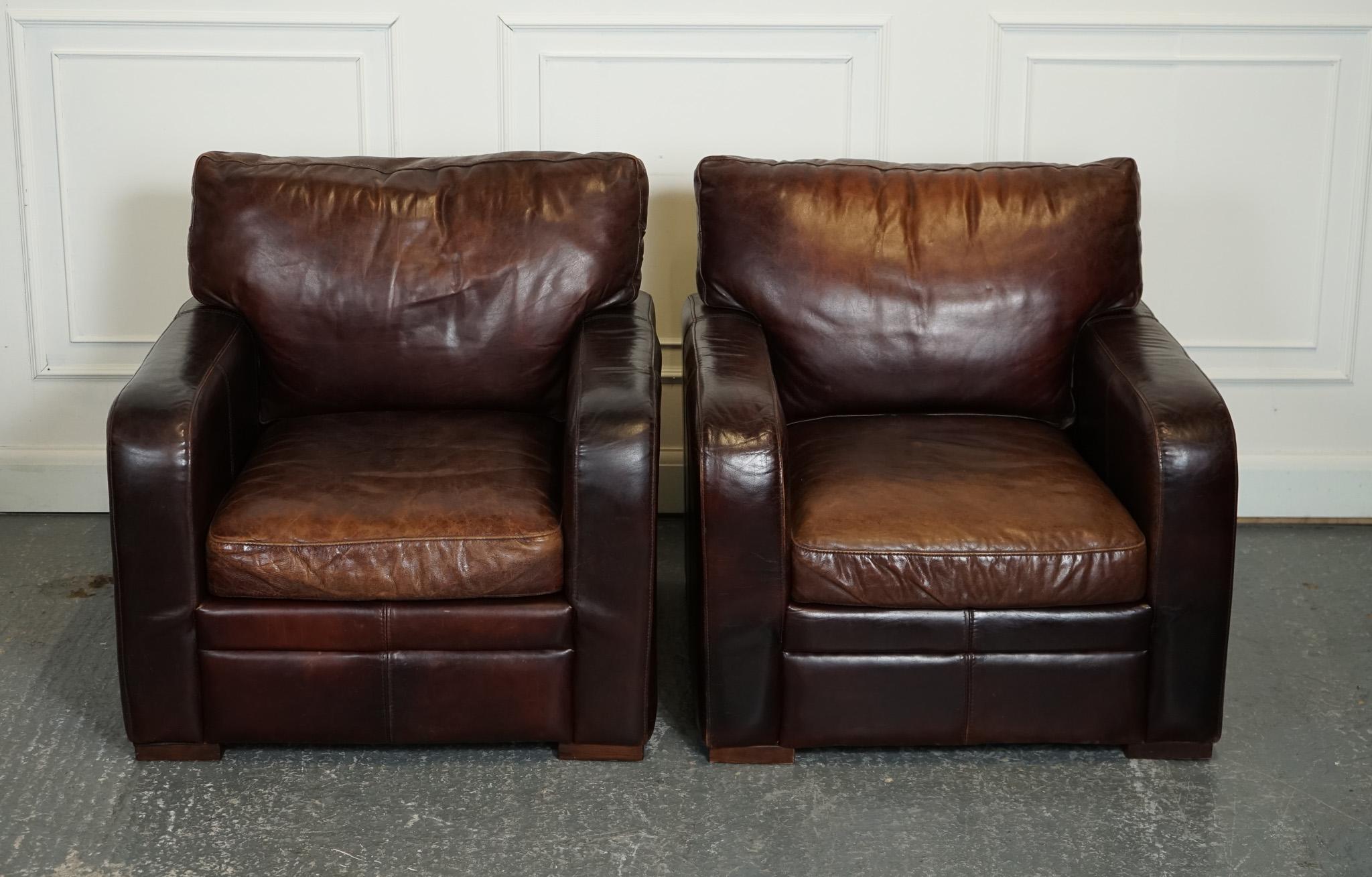 
We are delighted to offer for sale These Stunning Pair Of Halo Heritage Brown Leather Club Armchairs.

One label on the chairs is missing, as shown on the pictures.

The stunning vintage pair of Halo Brown Aged Leather Club Armchairs is a true