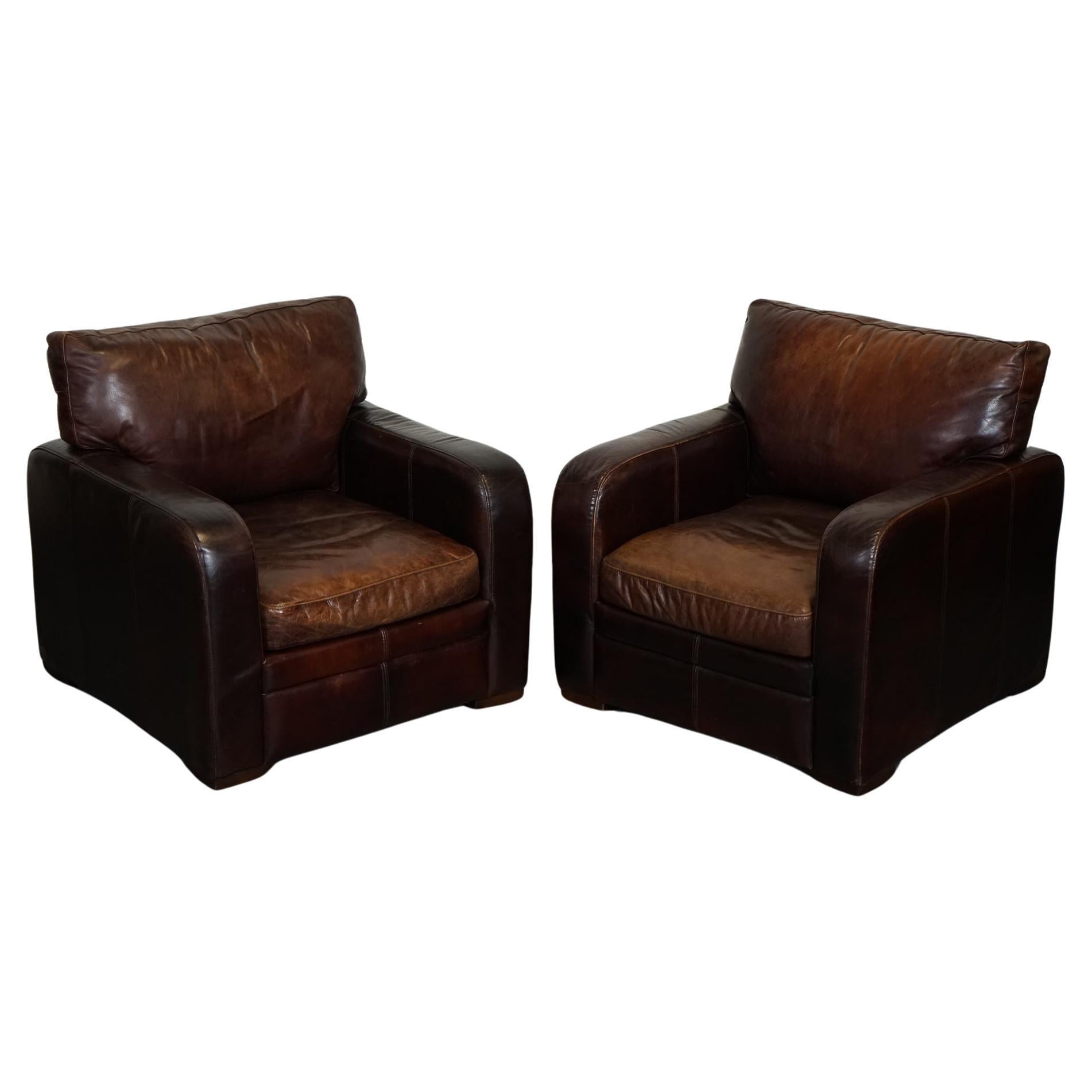 STUNNiNG VINTAGE PAIR HALO BROWN AGED LEATHER CLUB ARMCHAIRS J1