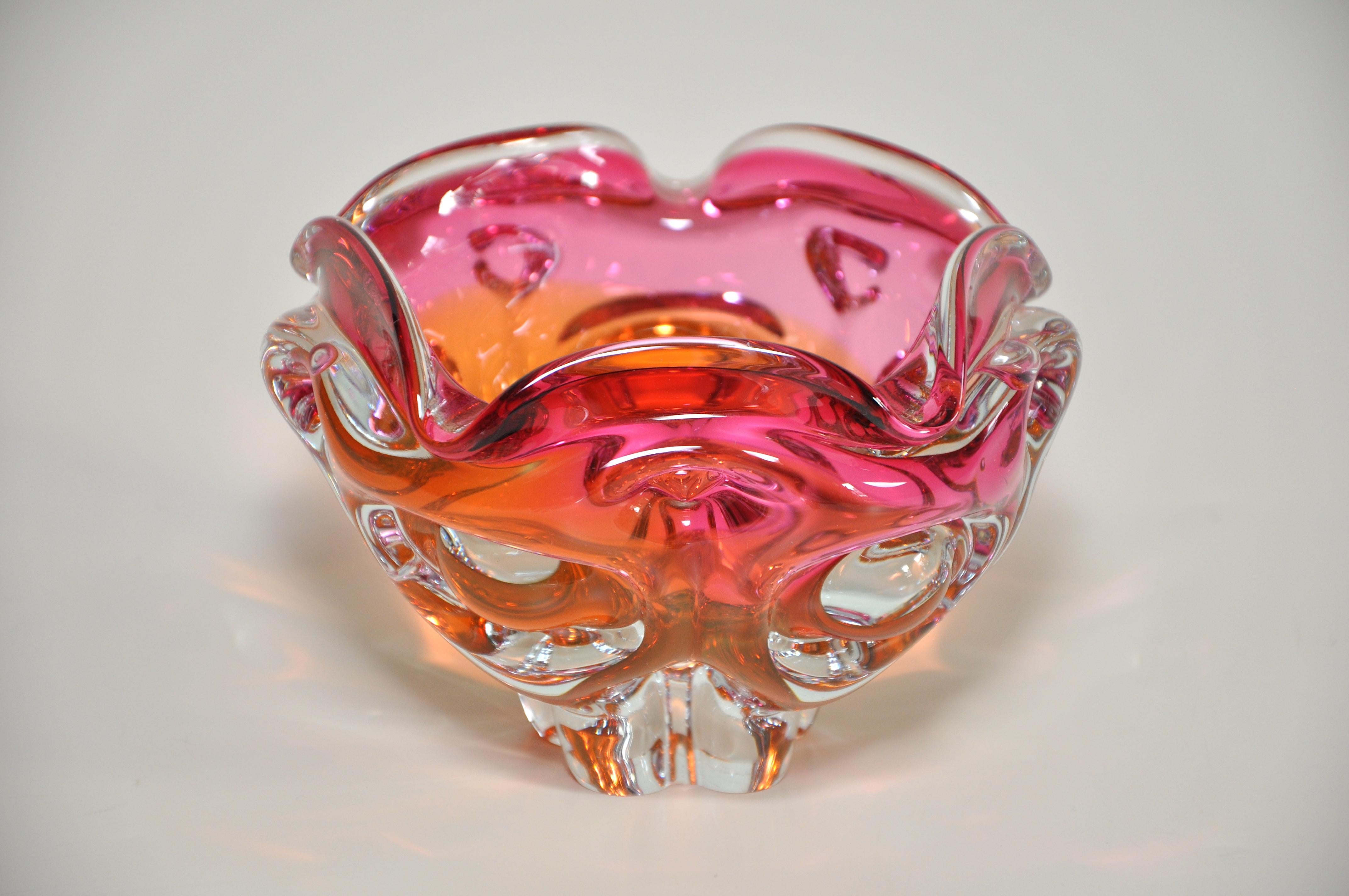 Stunning Vintage Pink Orange Art Glass Bowl Italian 1