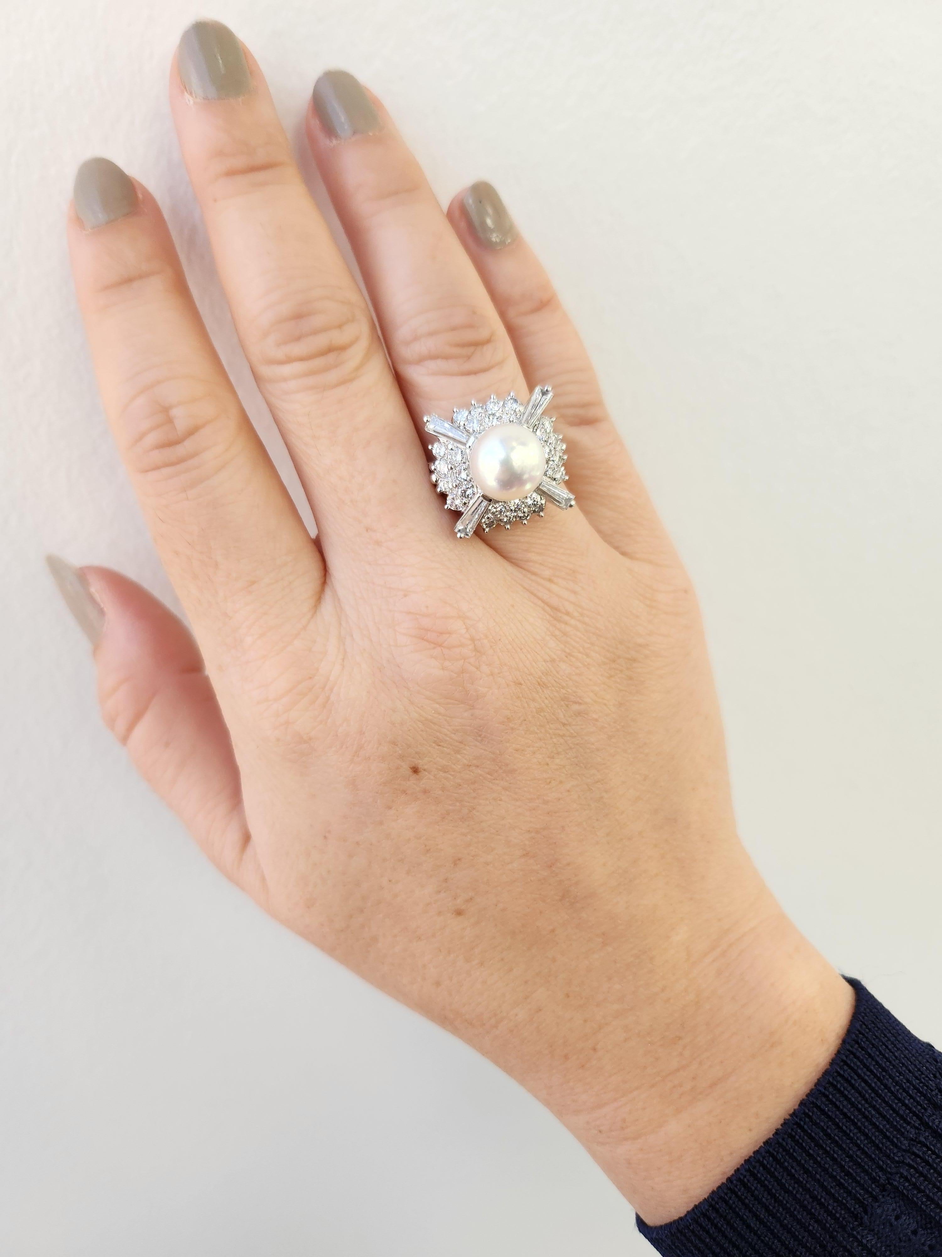 Atemberaubender Vintage Platin-Cocktailring mit 2,25 Karat Diamant und Perle - Größe 6 für Damen oder Herren