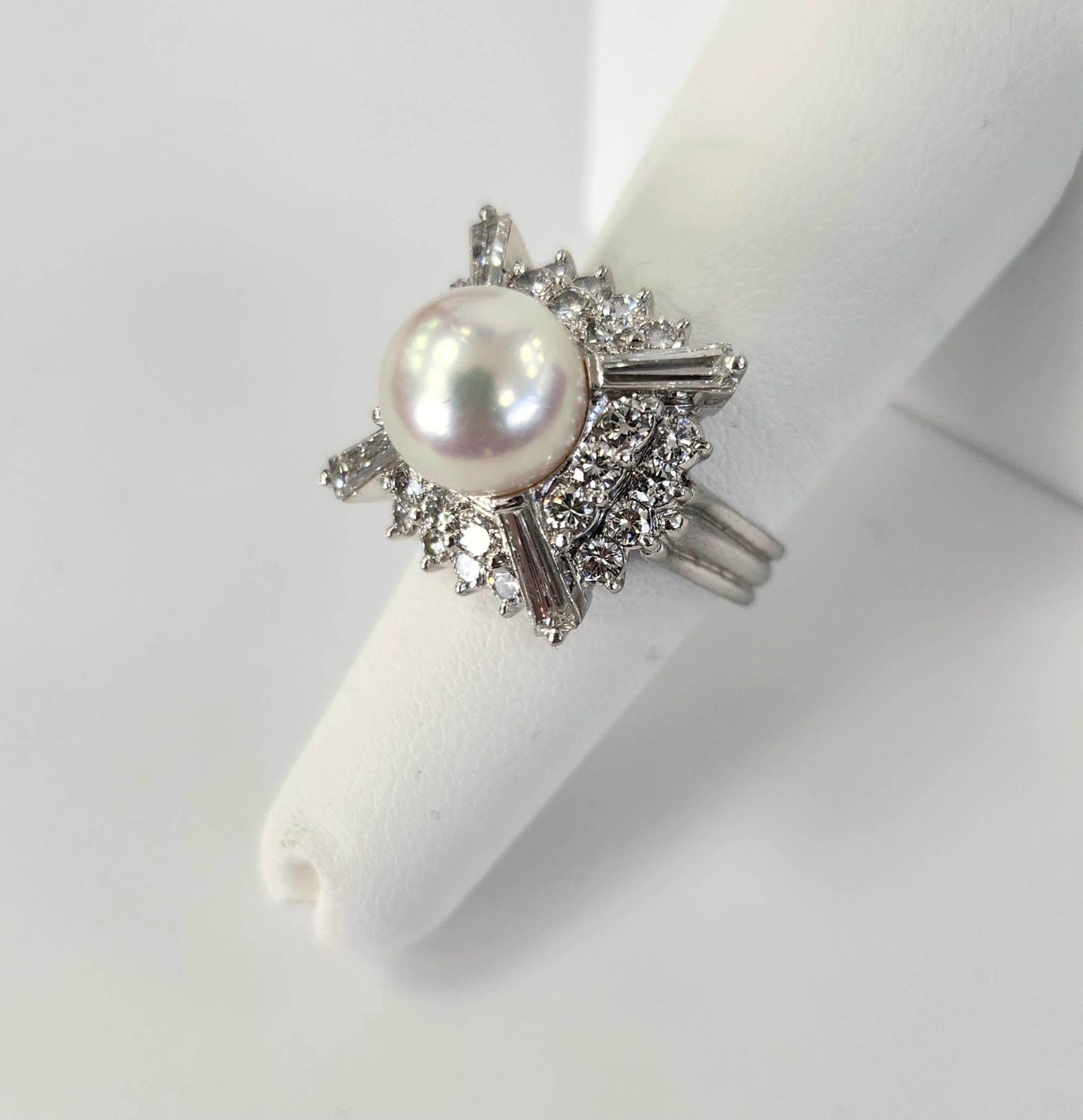 Atemberaubender Vintage Platin-Cocktailring mit 2,25 Karat Diamant und Perle - Größe 6 1