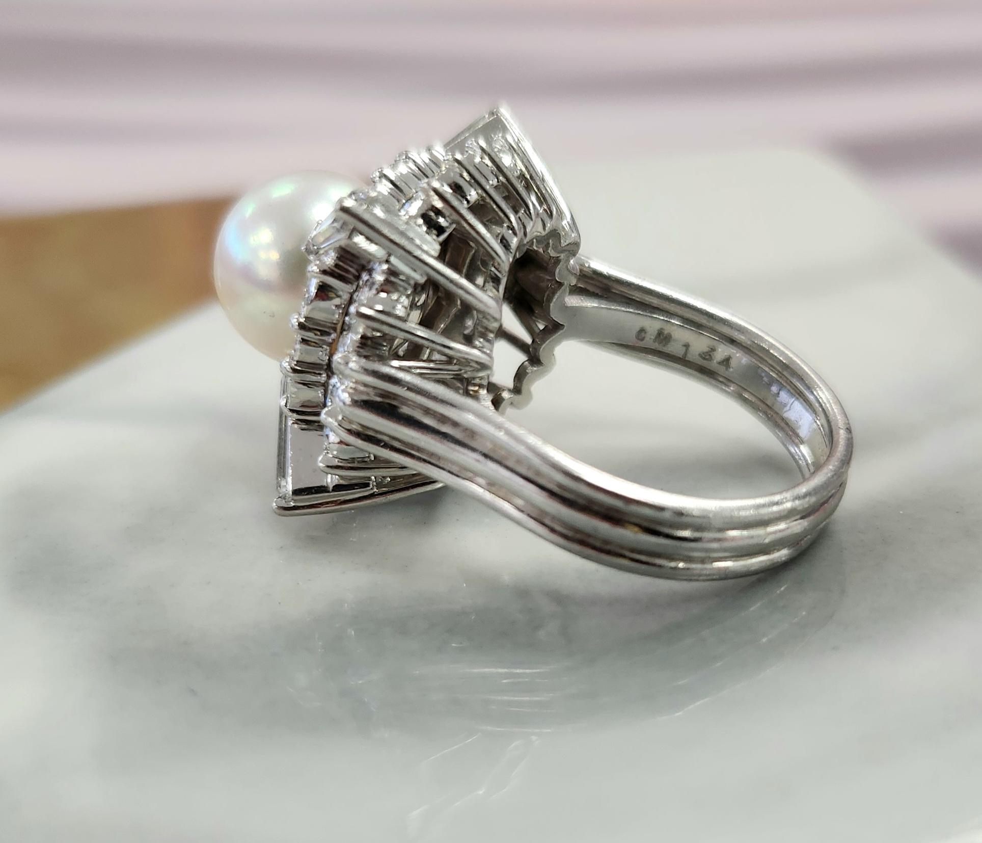 Atemberaubender Vintage Platin-Cocktailring mit 2,25 Karat Diamant und Perle - Größe 6 3