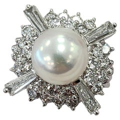 Stunning Vintage Platinum 2.25 Carats Diamond and Pearl Cocktail Ring - Size 6