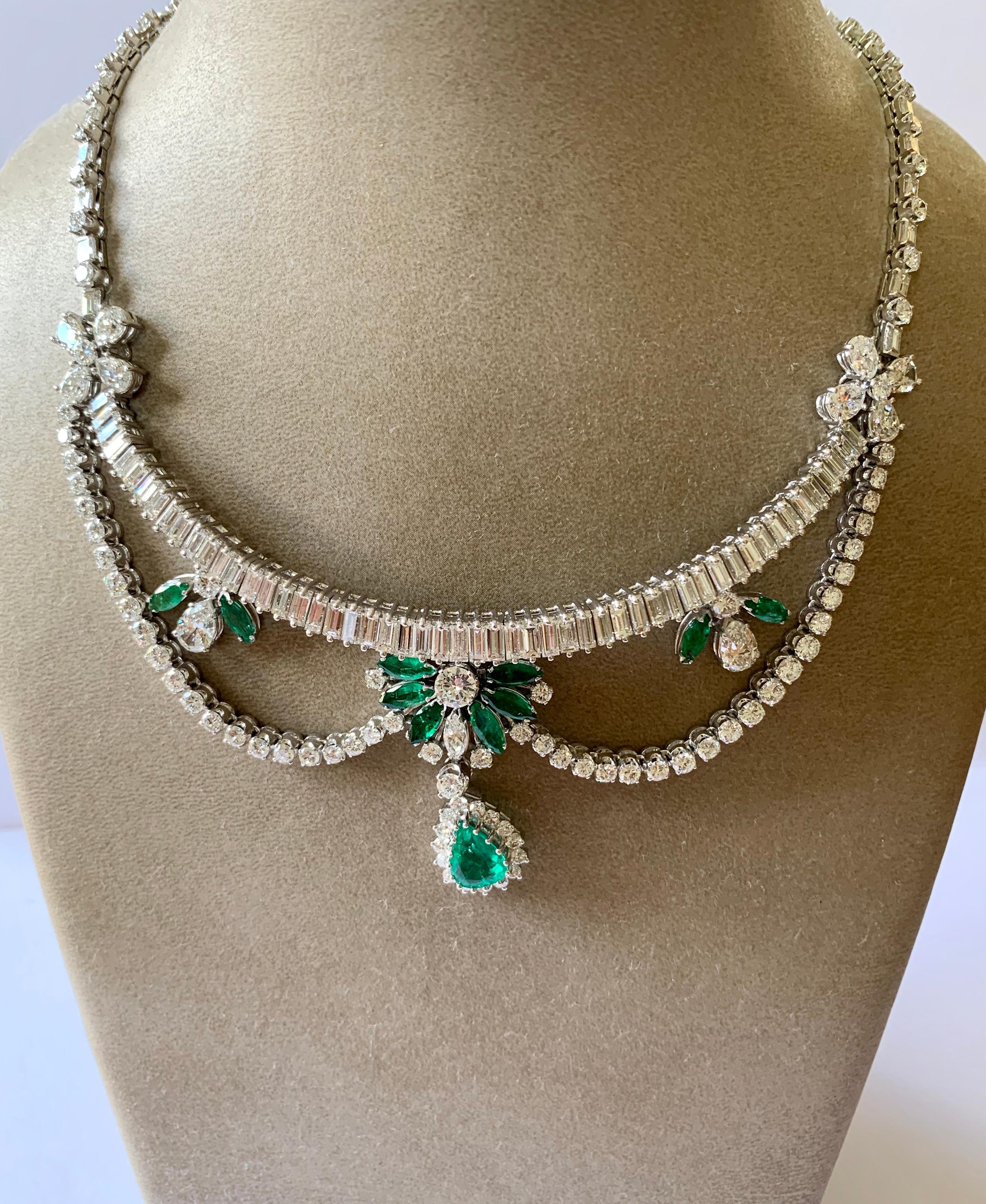 Emerald Cut Stunning Vintage Platinum Emerald and Diamond Necklace