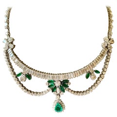 Stunning Vintage Platinum Emerald and Diamond Necklace