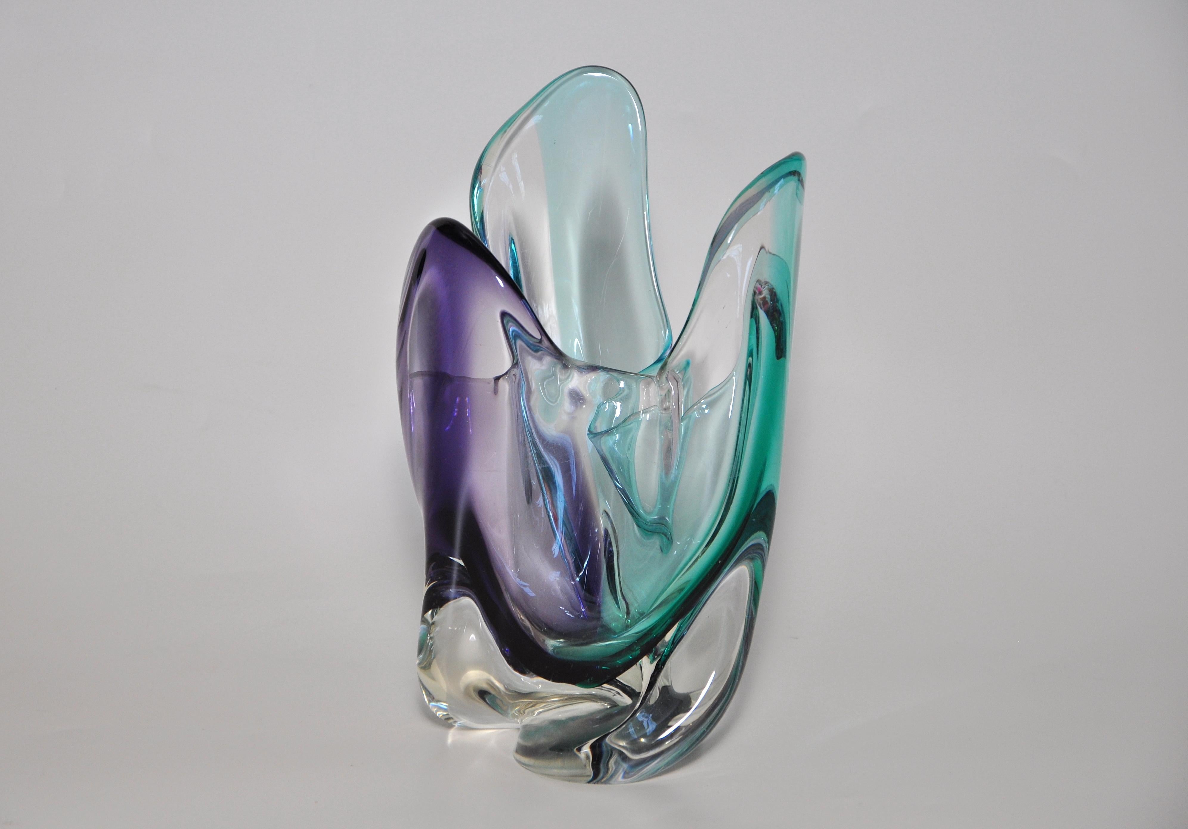 Title:
Stunning Vintage Purple Turquoise Green Blue Art Glass Bowl Vase 

Description:
A stunning vintage piece of art glass in a striking purple and turquoise blue green. The sides are molten and fluid looking like waves or even petals. This