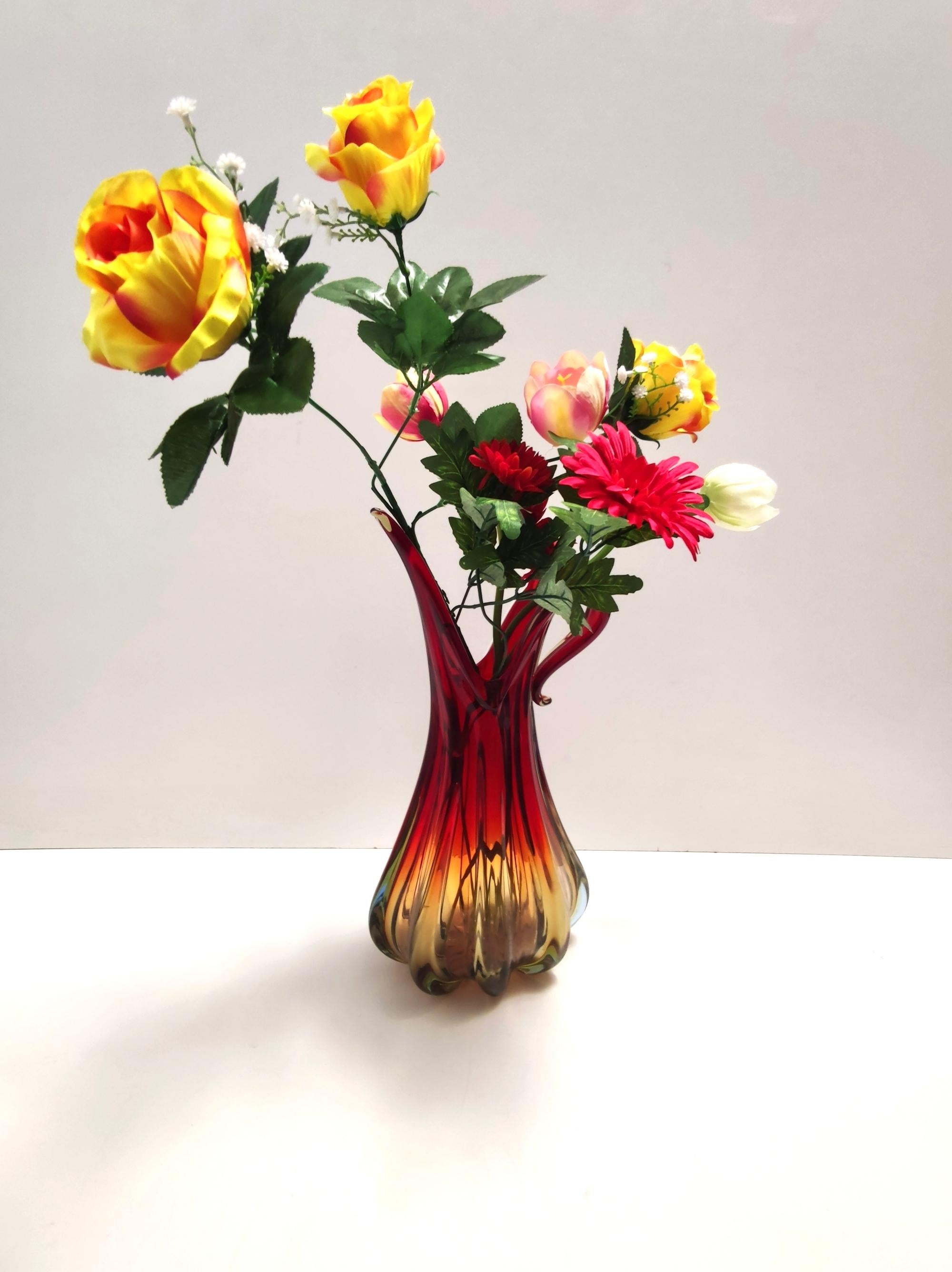 Mid-Century Modern Stunning Vintage Red, Orange and Yellow Sommerso Murano Glass Vase, Italy For Sale