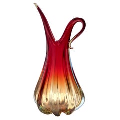 Superbe vase vintage en verre de Murano Sommerso rouge, orange et jaune, Italie
