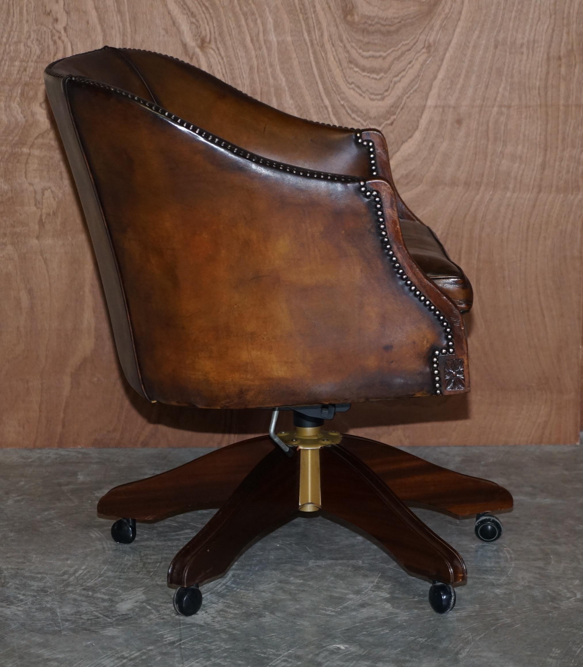Stunning Vintage Restored Brown Leather Barrel Back Captains Directors Chair 5