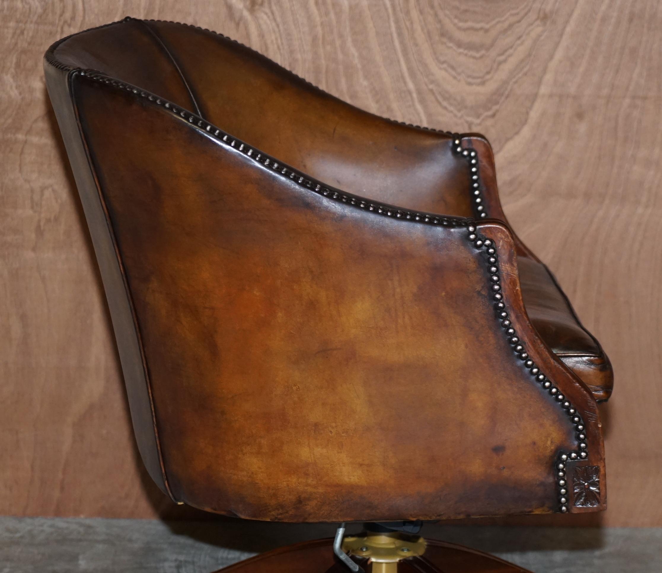 Stunning Vintage Restored Brown Leather Barrel Back Captains Directors Chair 6