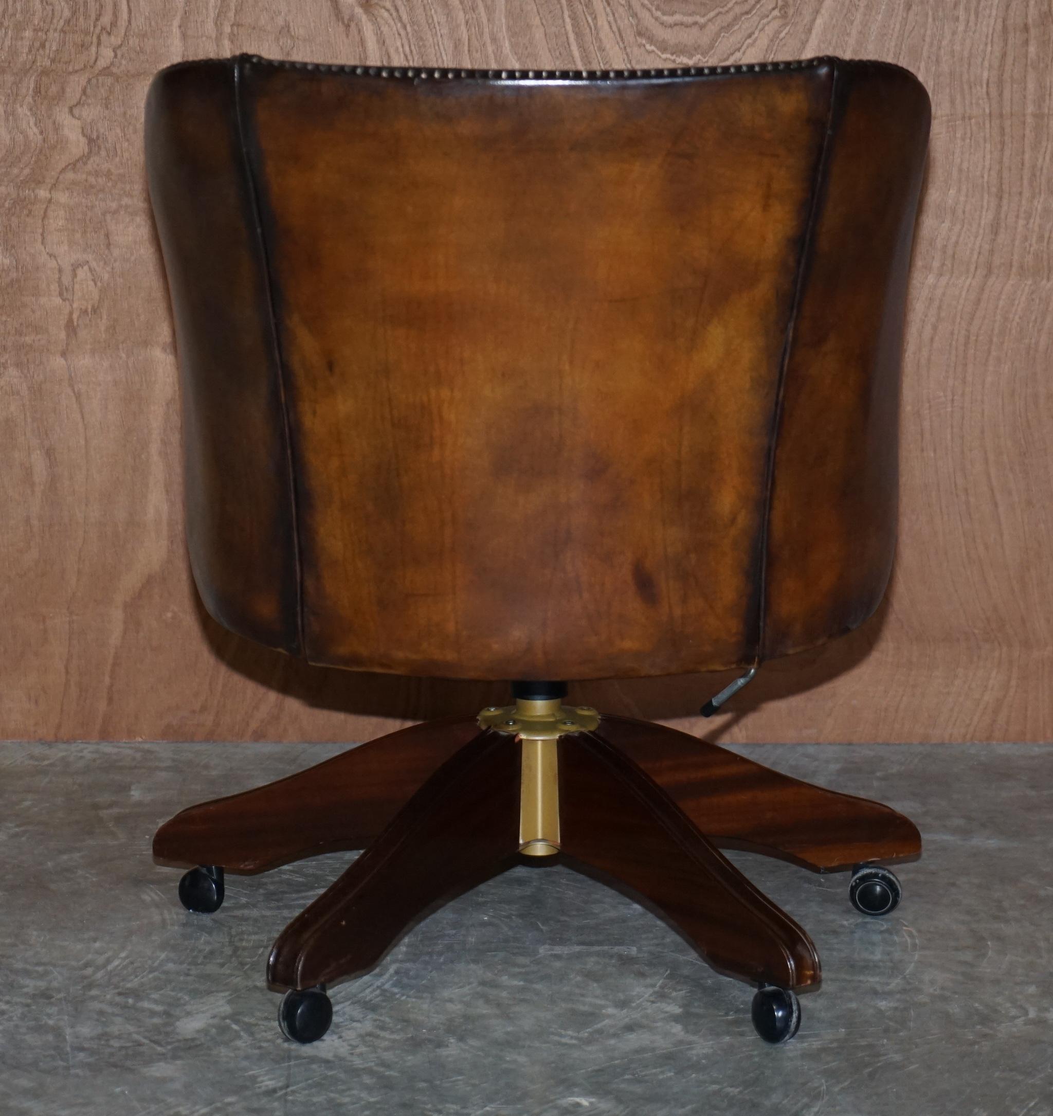 Stunning Vintage Restored Brown Leather Barrel Back Captains Directors Chair 7