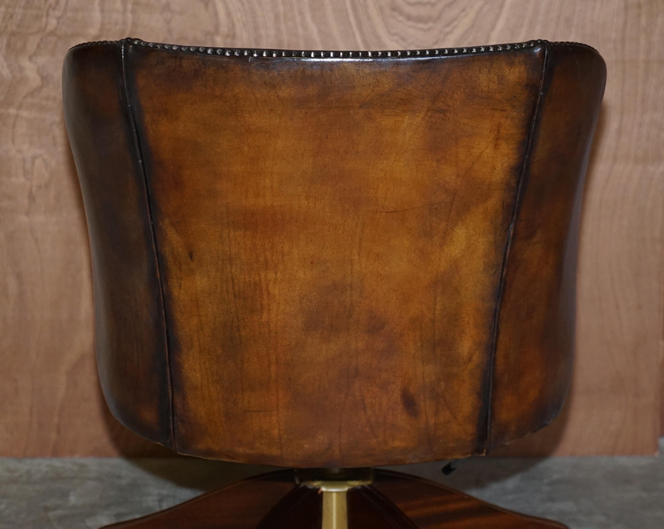 Stunning Vintage Restored Brown Leather Barrel Back Captains Directors Chair 8