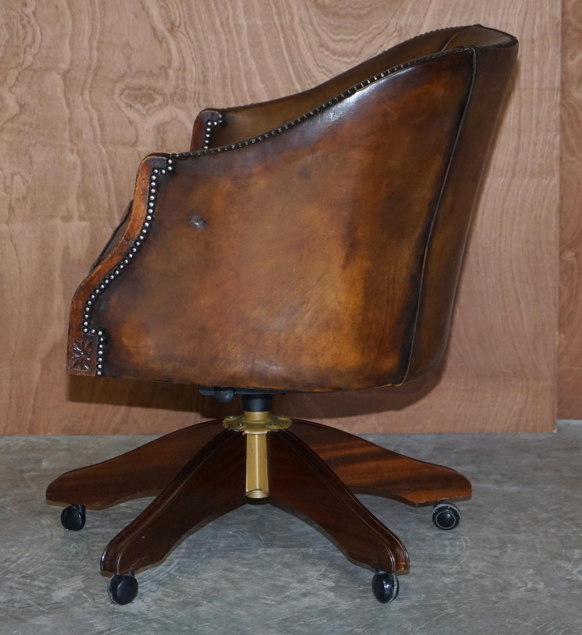 Stunning Vintage Restored Brown Leather Barrel Back Captains Directors Chair 9